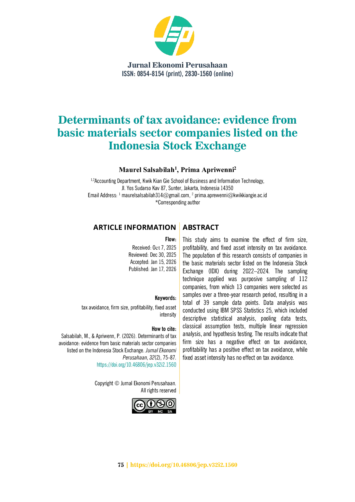 JURIS Determinants of tax avoidance evidence from basic materials sector companies listed on the Indonesia Stock Exchange