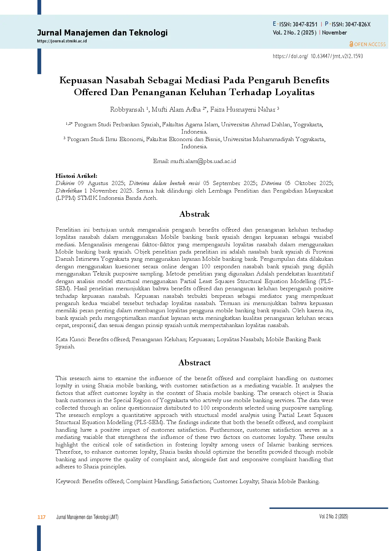 juris Kepuasan Nasabah Sebagai Mediasi Pada Pengaruh Benefits Offered Dan Penanganan Keluhan Terhadap Loyalitas