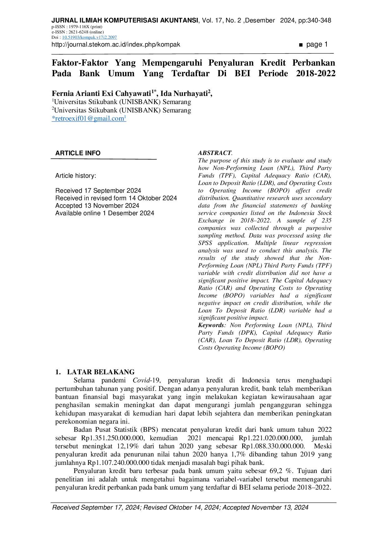 JURIS Faktor Faktor Yang Mempengaruhi Penyaluran Kredit Perbankan Pada Bank Umum Yang Terdaftar Di BEI Periode 2018 2022