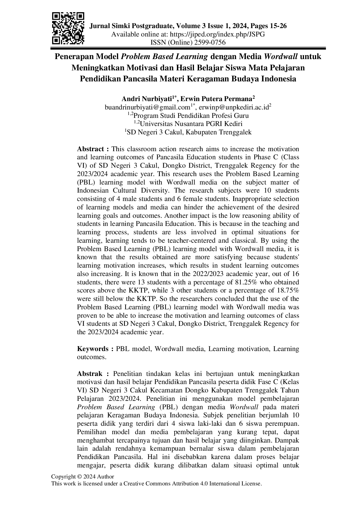 JURIS Penerapan Model Problem Based Learning dengan Media Wordwall untuk Meningkatkan Motivasi dan Hasil Belajar Siswa Mata Pelajaran Pendidikan Pancasila Materi Keragaman Budaya Indonesia