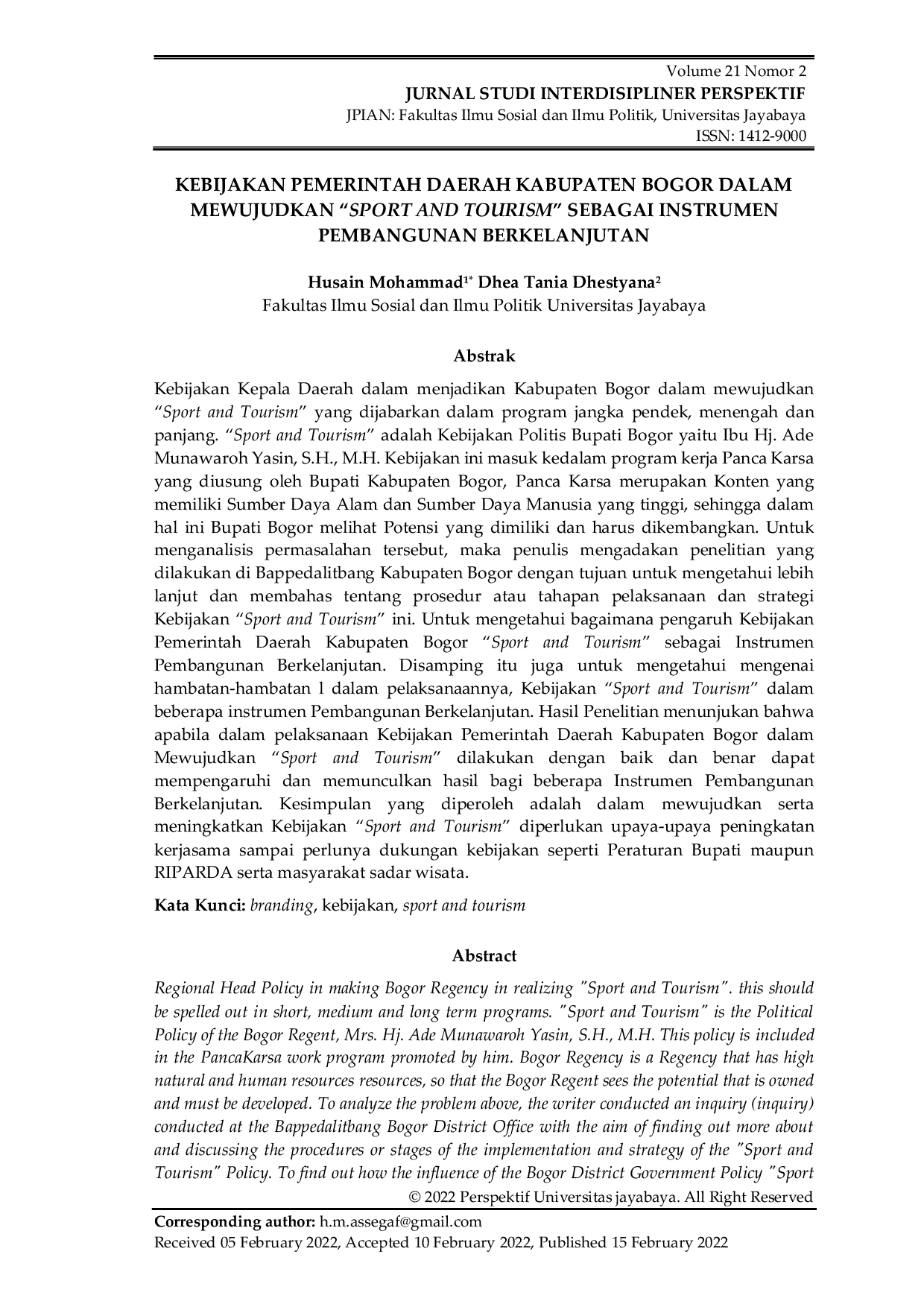 JURIS Kebijakan Pemerintah Daerah Kabupaten Bogor Dalam Mewujudkan Sport And Tourism Sebagai Instrumen Pembangunan Berkelanjutan