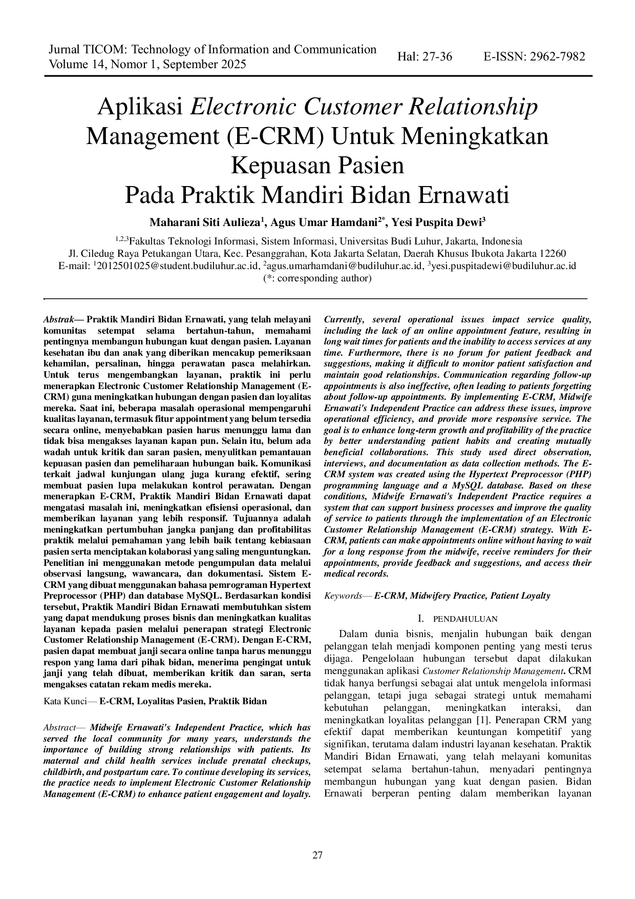 JURIS Aplikasi Electronic Customer Relationship Management E CRM Untuk Meningkatkan Kepuasan Pasien Pada Praktik Mandiri Bidan Ernawati