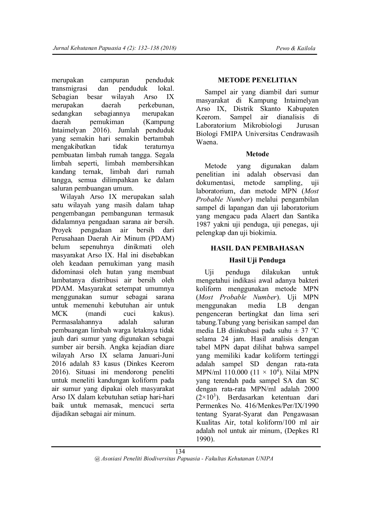 JURIS Identifikasi Bakteri Koliform pada Air Sumur Pemukiman di Wilayah Arso IX Distrik Skonto