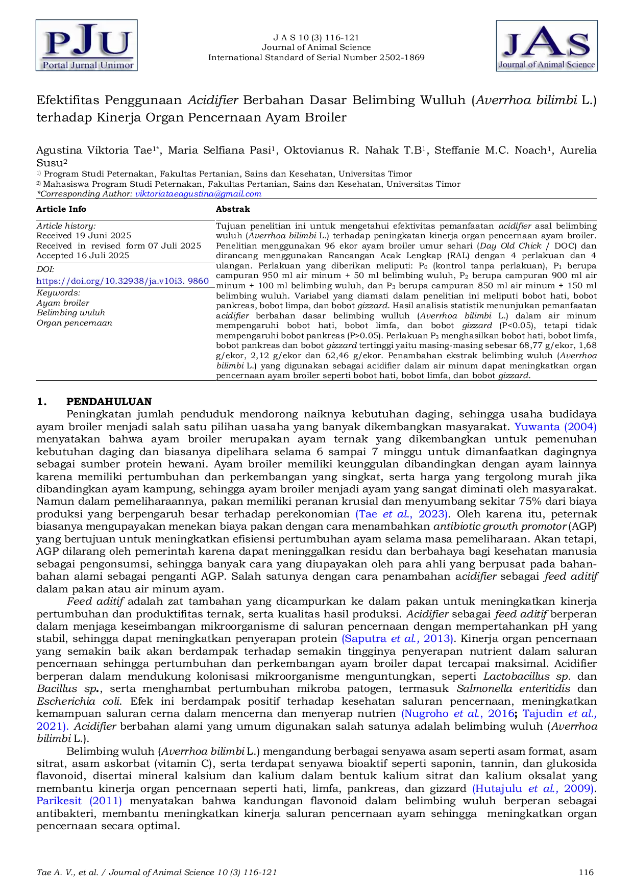 JURIS Efektifitas Penggunaan Acidifier Berbahan Dasar Belimbing Wulluh Averrhoa bilimbi L terhadap Kinerja Organ Pencernaan Ayam Broiler