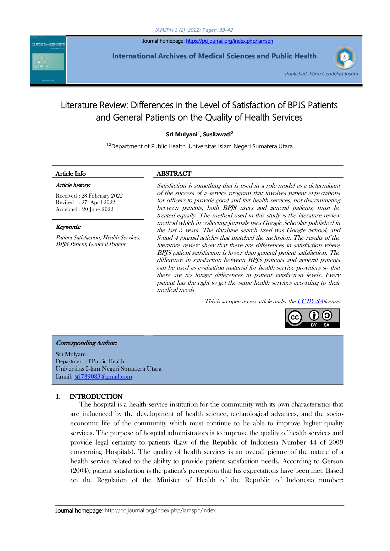 JURIS Literature Review Differences in the Level of Satisfaction of BPJS Patients and General Patients on the Quality of Health Services