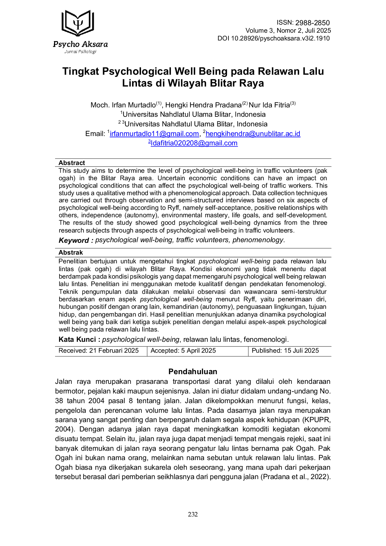 JURIS Tingkat Psychological Well Being pada Relawan Lalu Lintas di Wilayah Blitar Raya