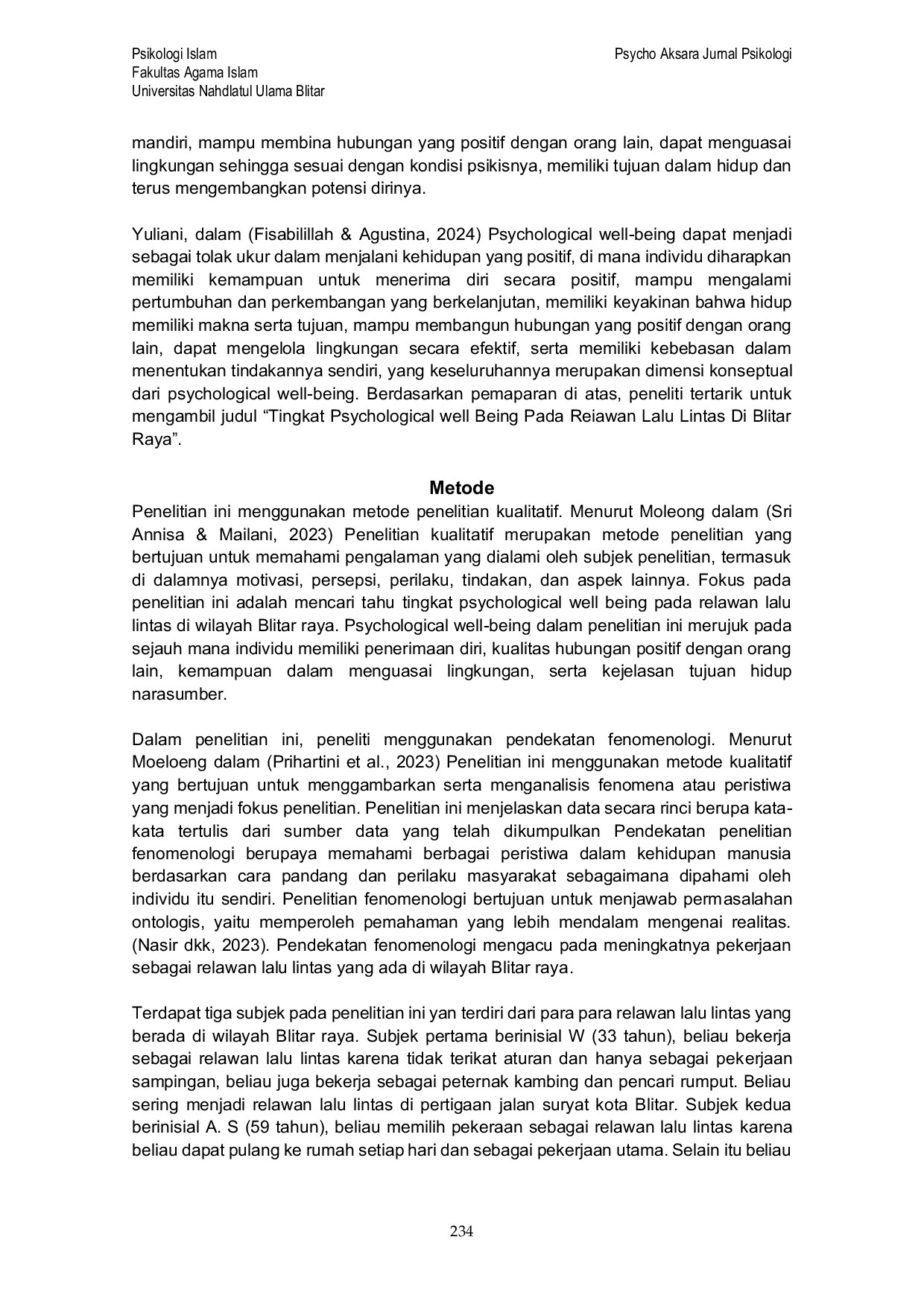 JURIS Tingkat Psychological Well Being pada Relawan Lalu Lintas di Wilayah Blitar Raya