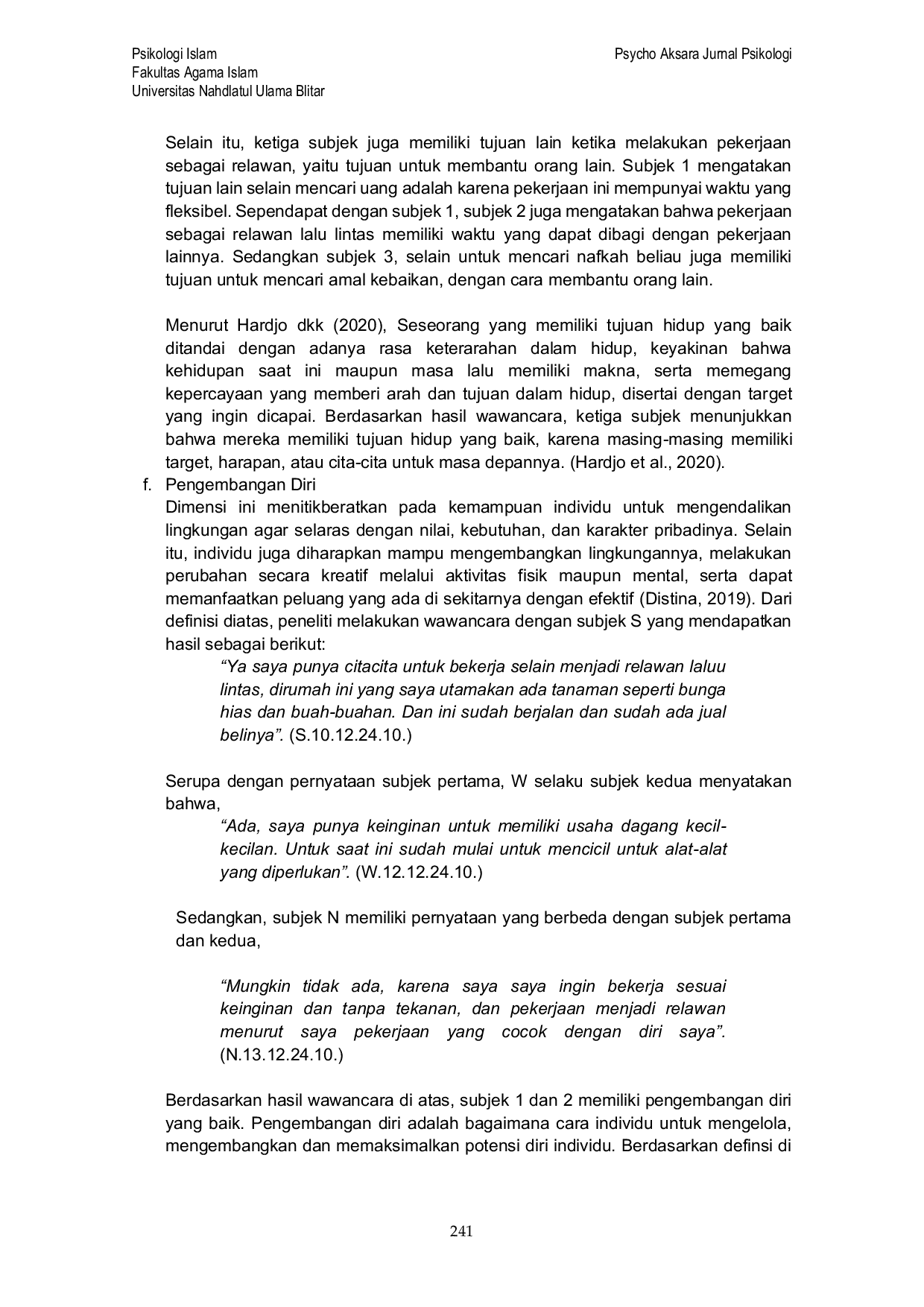 JURIS Tingkat Psychological Well Being pada Relawan Lalu Lintas di Wilayah Blitar Raya