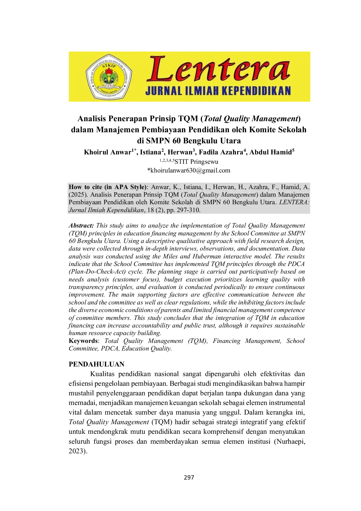 JURIS Analisis Penerapan Prinsip TQM Total Quality Management dalam Manajemen Pembiayaan Pendidikan oleh Komite Sekolah di SMPN 60 Bengkulu Utara