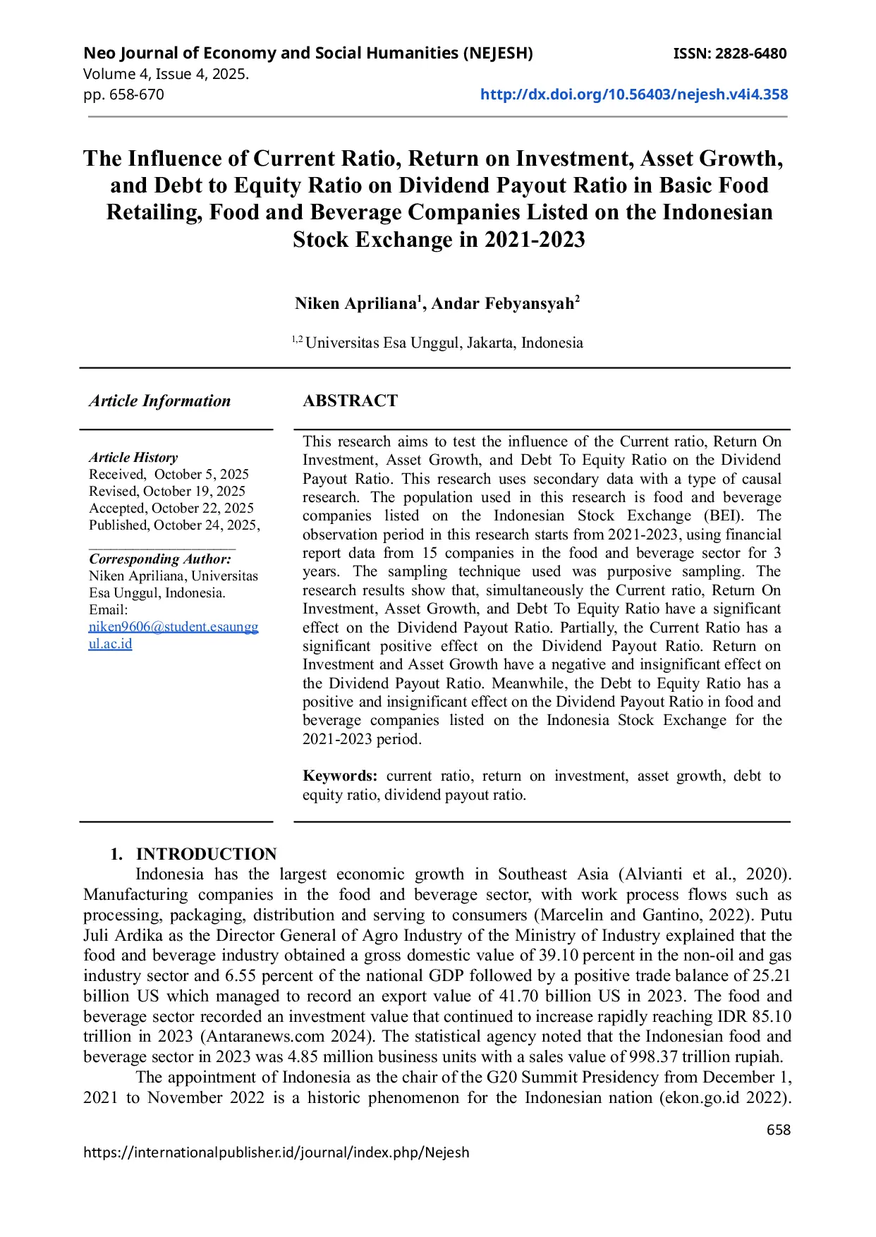 JURIS The Influence of Current Ratio Return on Investment Asset Growth and Debt to Equity Ratio on Dividend Payout Ratio in Basic Food Retailing Food and Beverage Companies Listed on the Indonesian Stoc