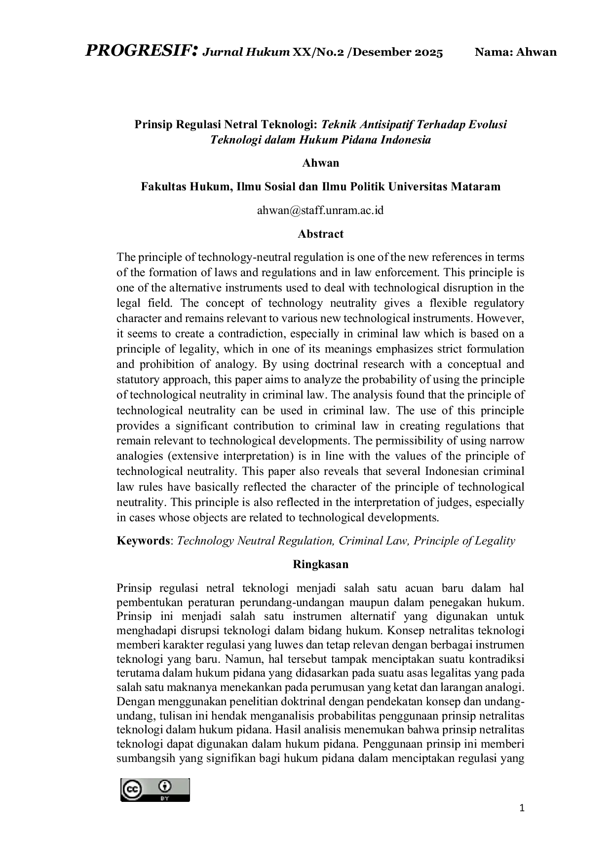 JURIS Prinsip Regulasi Netral Teknologi Teknik Antisipatif Terhadap Evolusi Teknologi dalam Hukum Pidana Indonesia