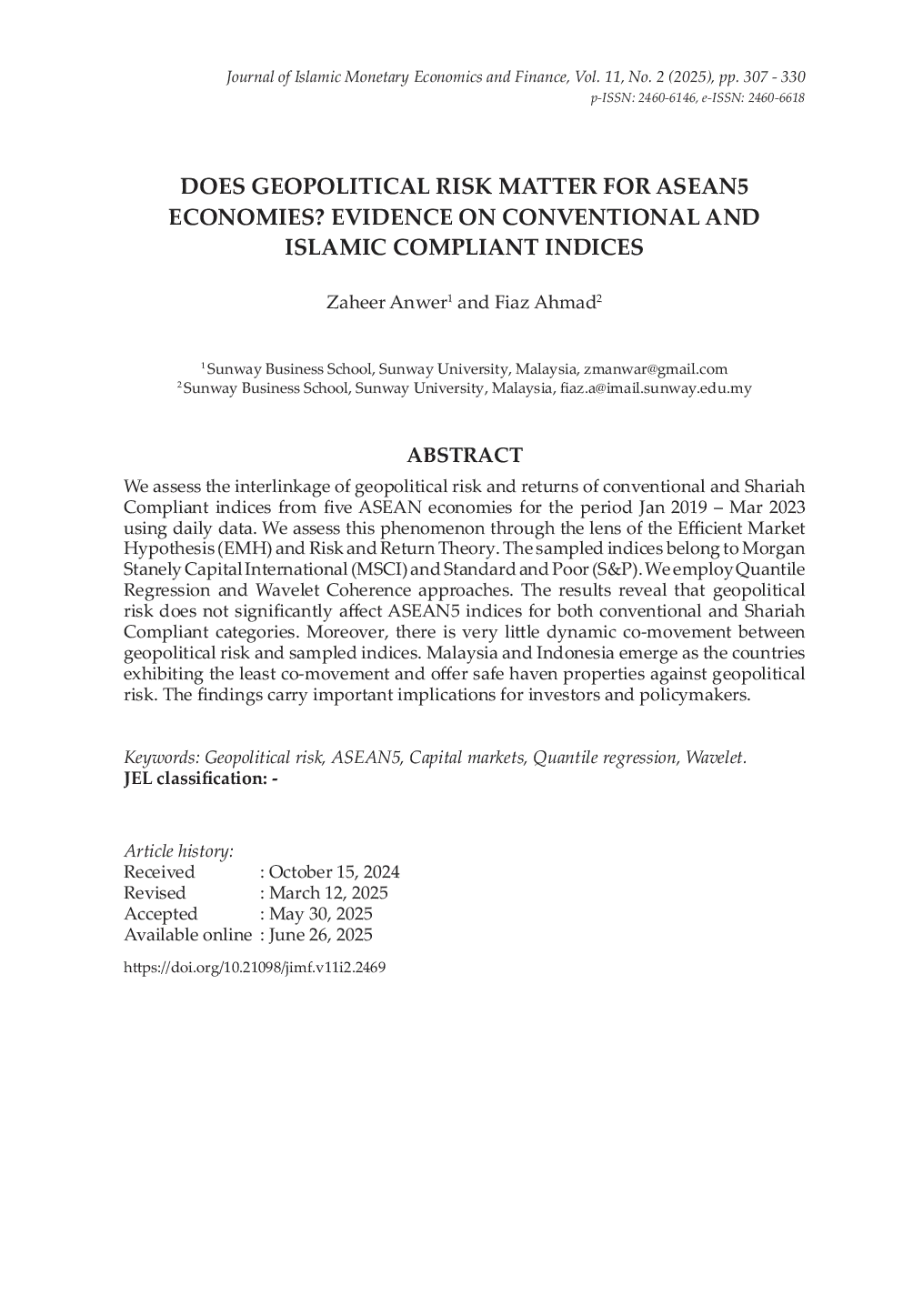 JURIS Does Geopolitical Risk Matter for ASEAN5 Economies Evidence on Conventional and Islamic Compliant Indices