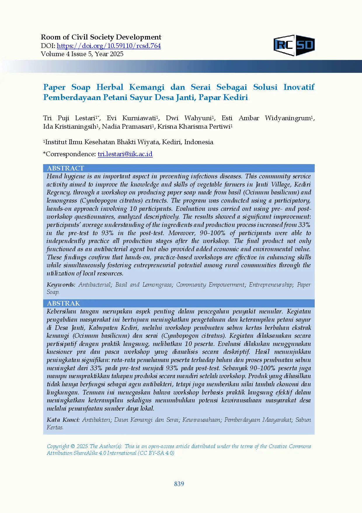 juris Paper Soap Herbal Kemangi Dan Serai Sebagai Solusi Inovatif Pemberdayaan Petani Sayur Desa Janti Papar Kediri