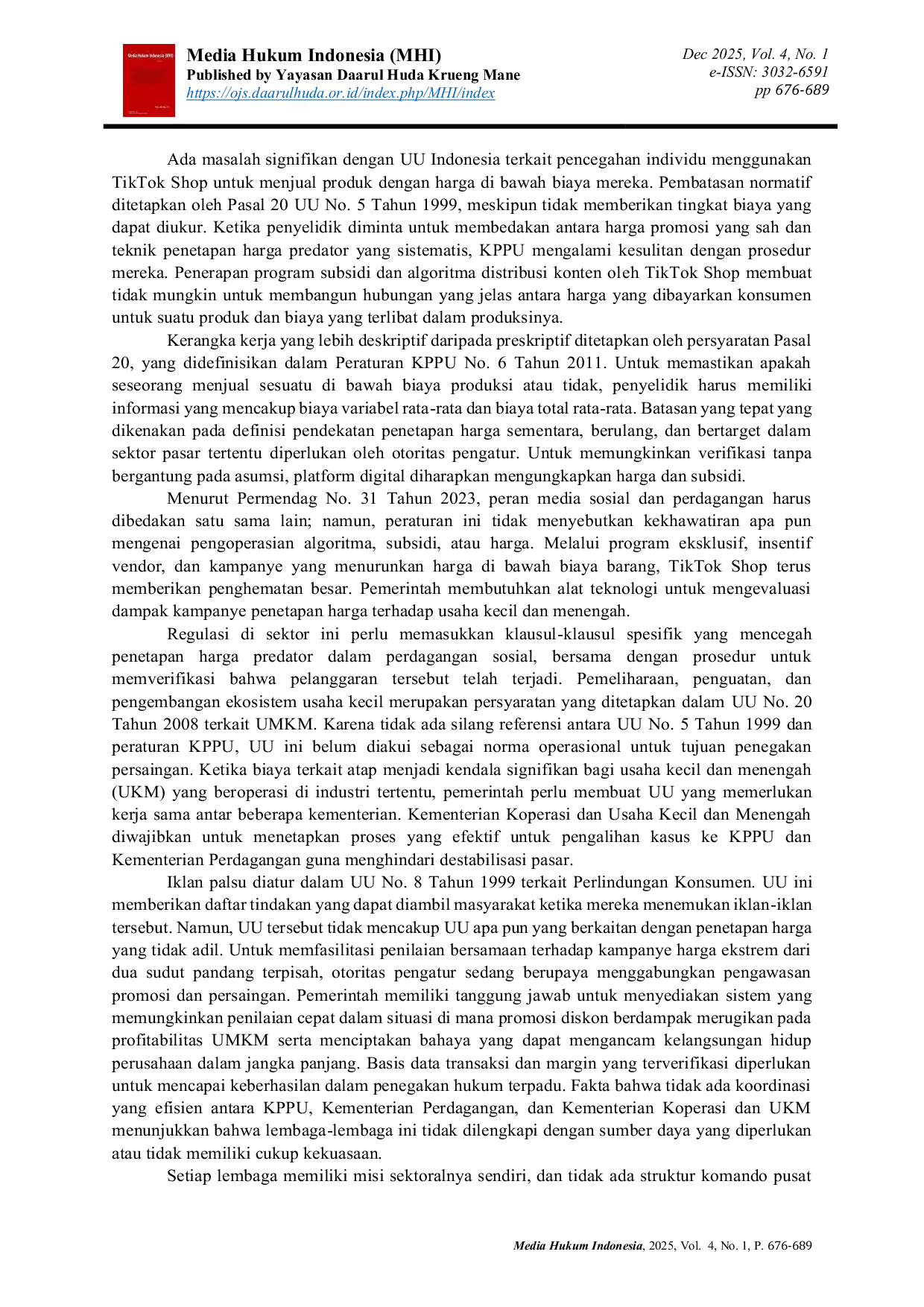 JURIS Perlindungan Hukum bagi UMKM terhadap Praktik Predatory Pricing pada E commerce di Indonesia