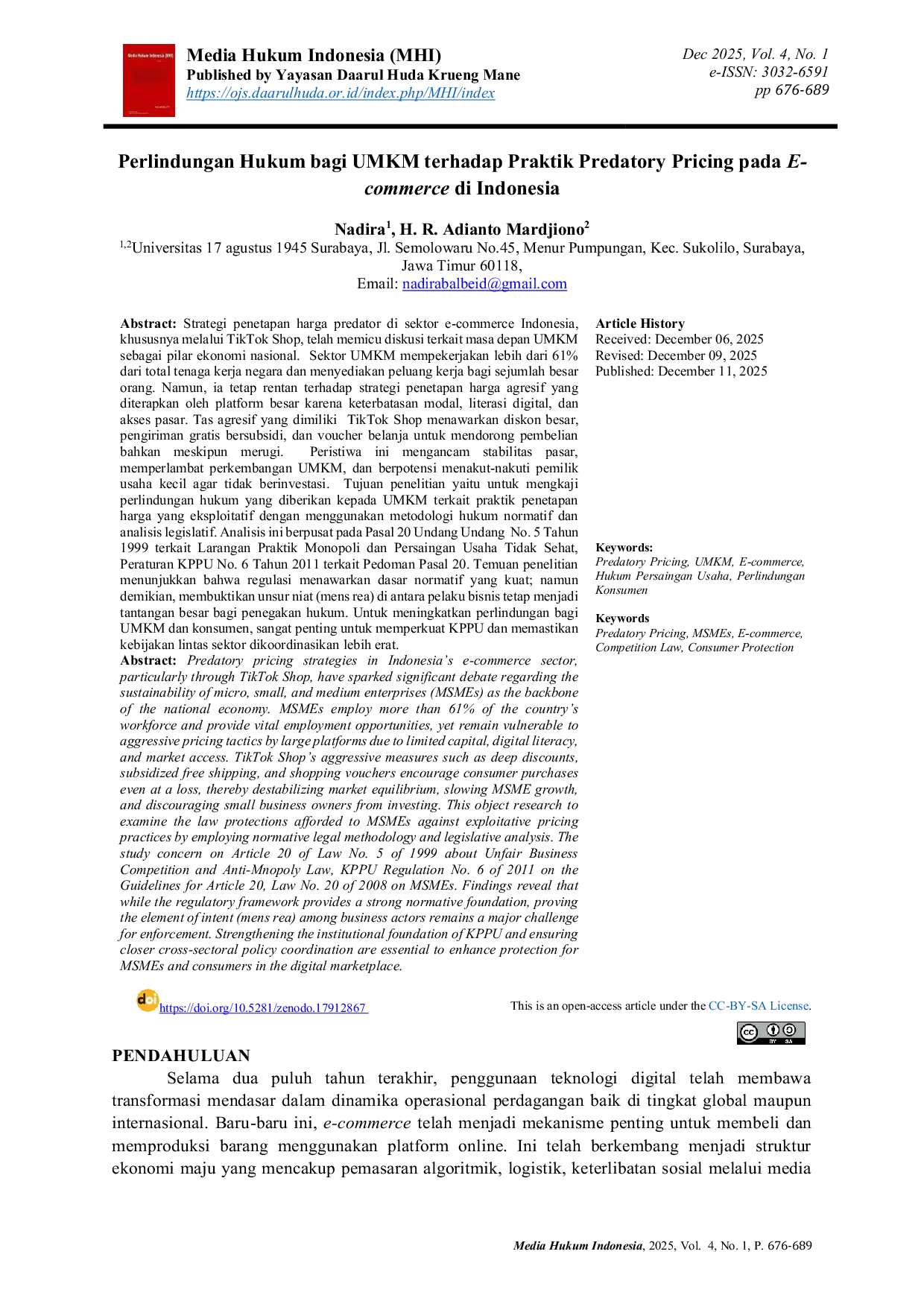 JURIS Perlindungan Hukum bagi UMKM terhadap Praktik Predatory Pricing pada E commerce di Indonesia