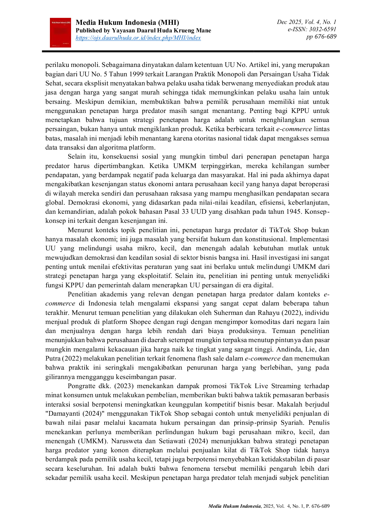 JURIS Perlindungan Hukum bagi UMKM terhadap Praktik Predatory Pricing pada E commerce di Indonesia