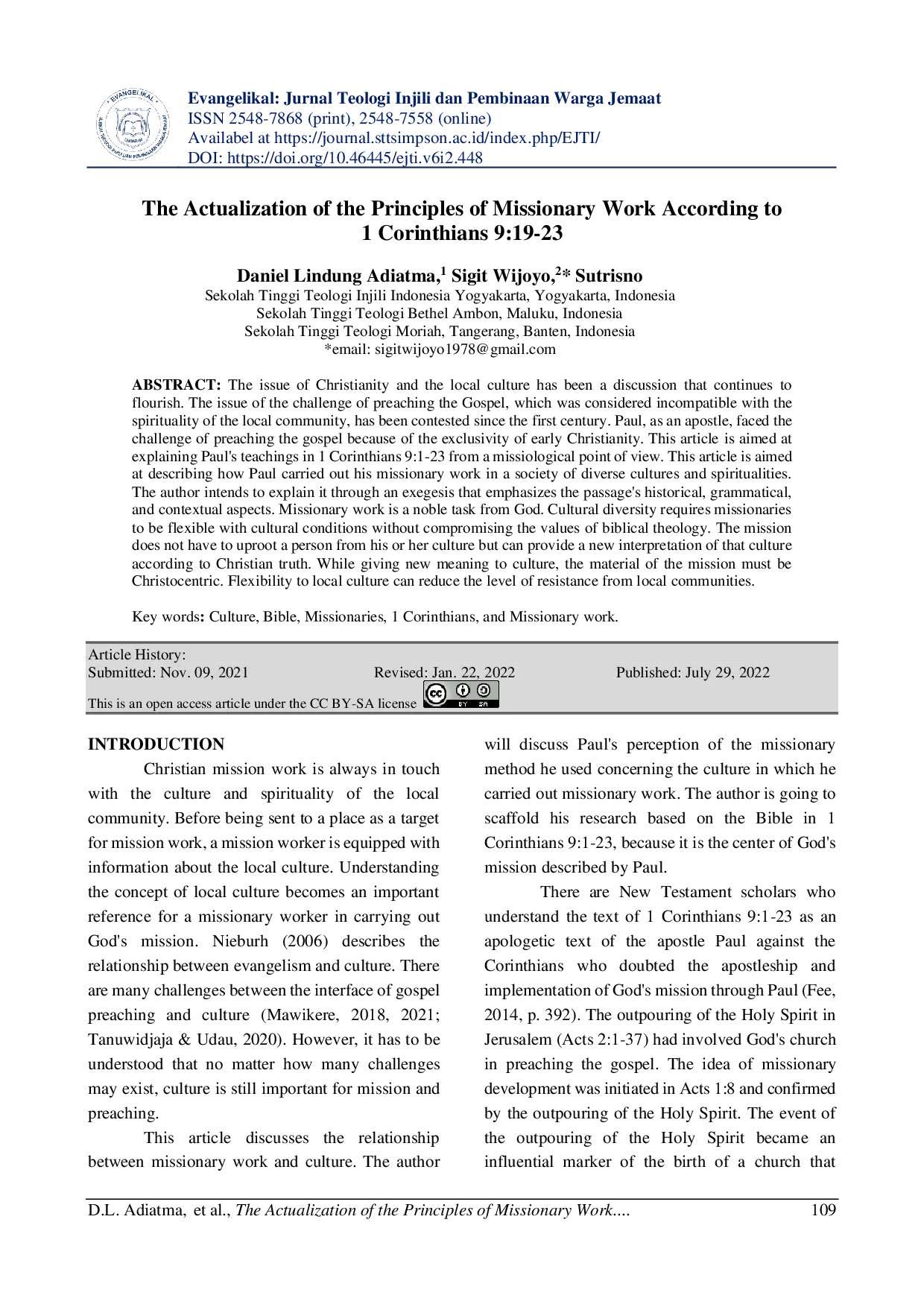 juris The Actualization of the Principles of Missionary Work According to 1 Corinthians 9 19 23