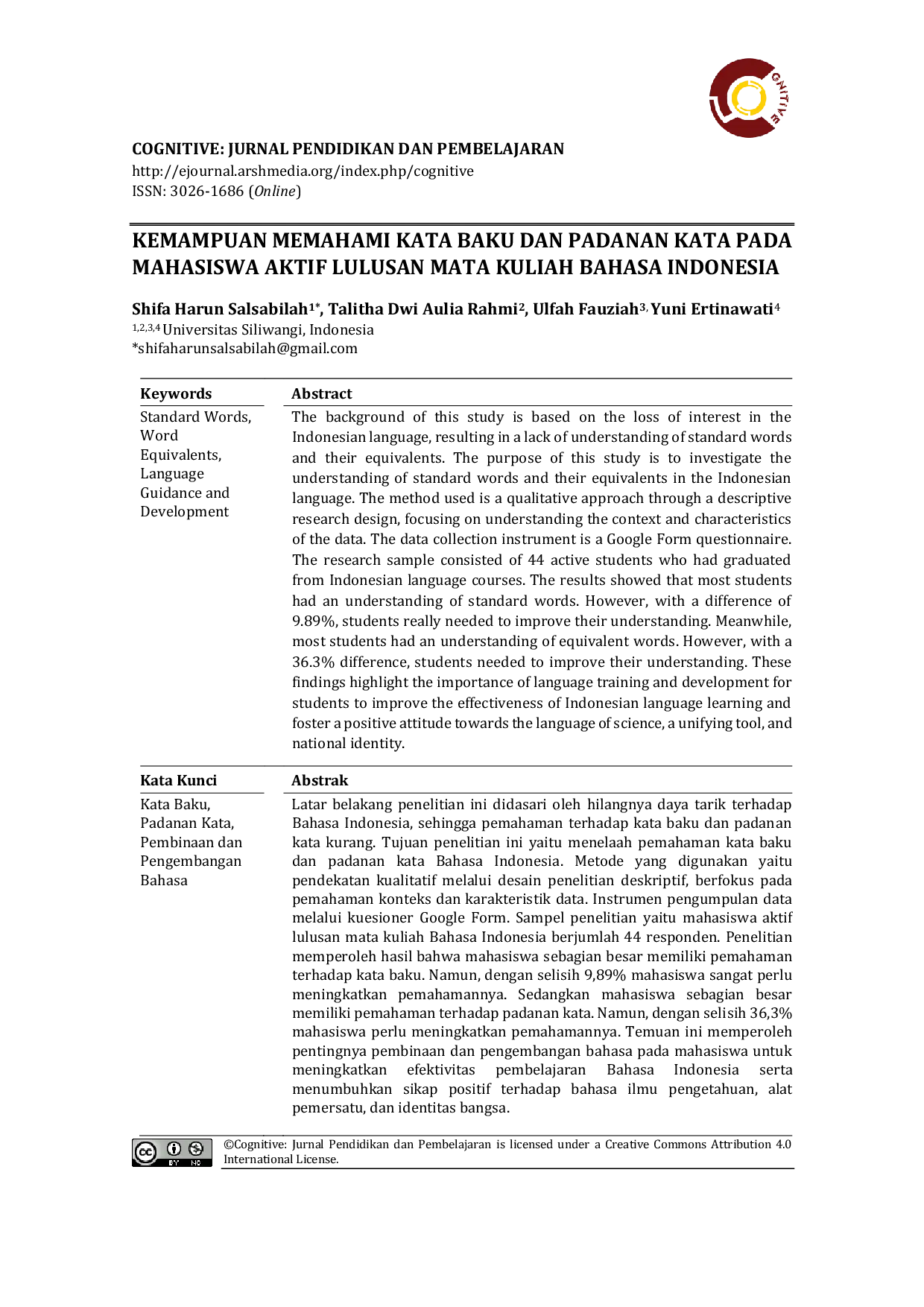 JURIS Kemampuan Memahami Kata Baku Dan Padanan Kata Pada Mahasiswa Aktif Lulusan Mata Kuliah Bahasa Indonesia