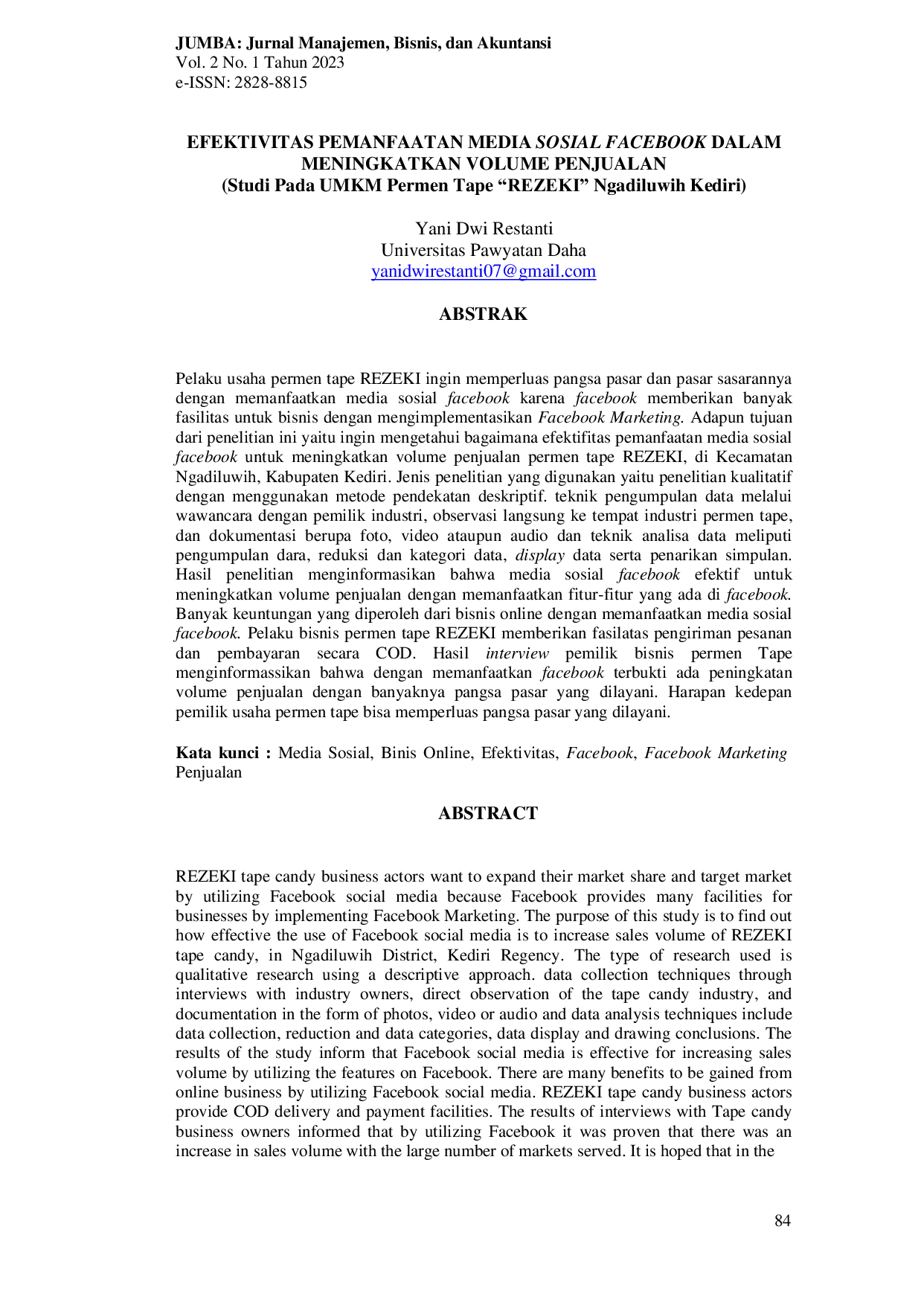 JURIS Efektivitas Pemanfaatan Media Sosial Facebook dalam Meningkatkan Volume Penjualan