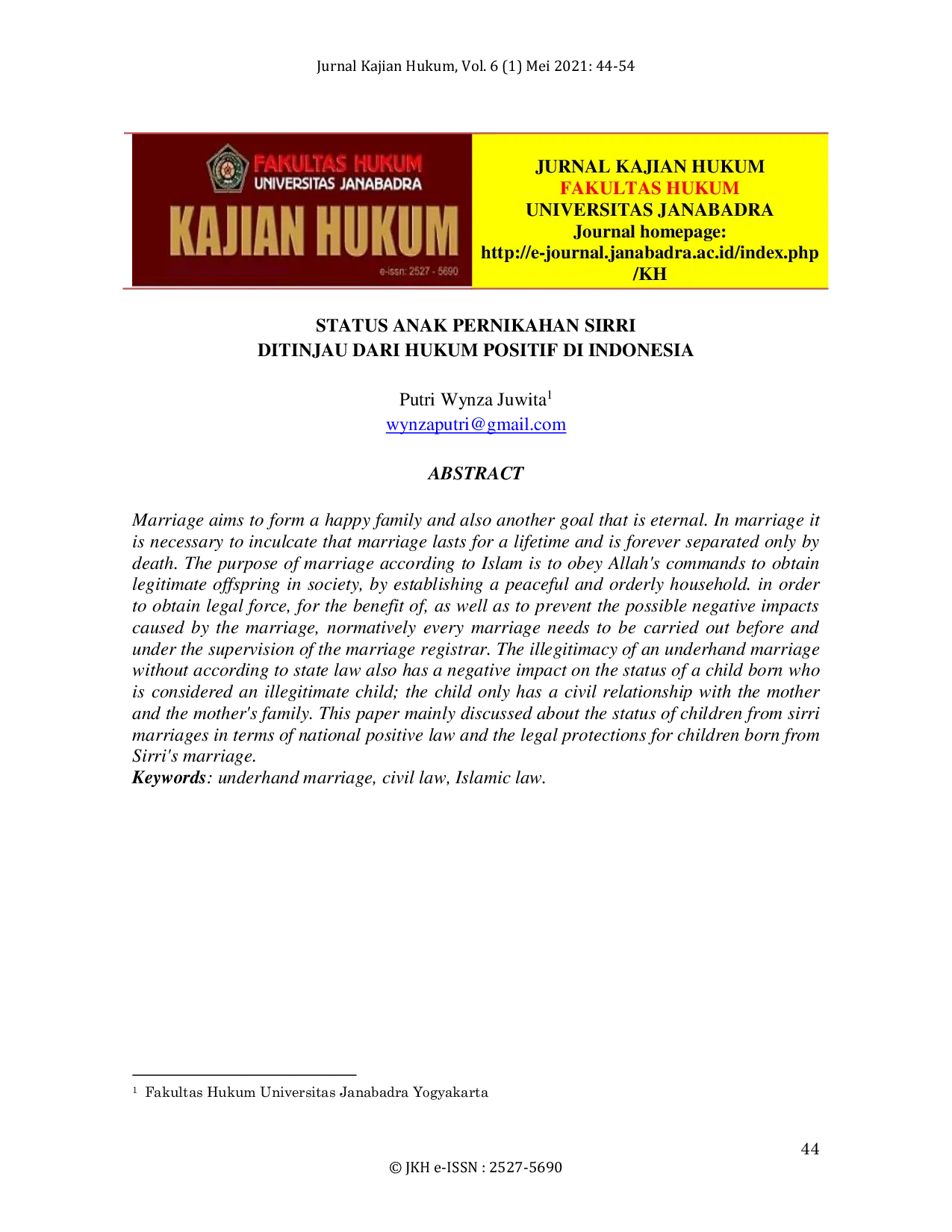 JURIS Status Anak Pernikahan Sirri Ditinjau dari Hukum Positif di Indonesia