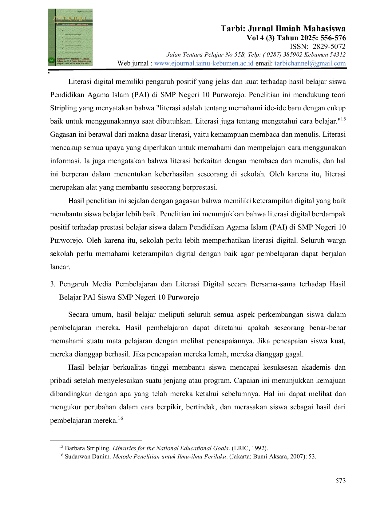 JURIS Pengaruh Media Pembelajaran dan Literasi Digital Terhadap Hasil Belajar PAI Siswa SMP Negeri 10 Purworejo