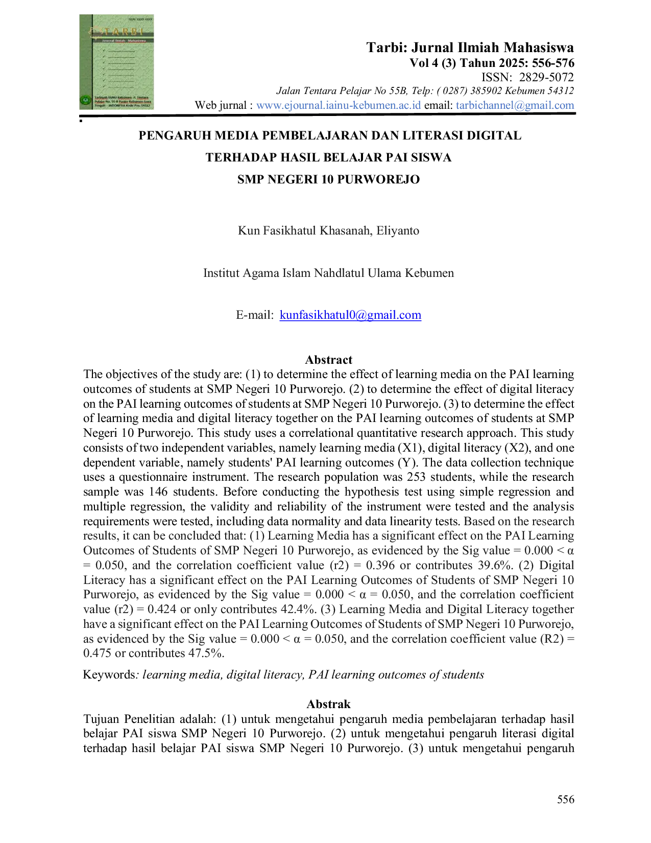 JURIS Pengaruh Media Pembelajaran dan Literasi Digital Terhadap Hasil Belajar PAI Siswa SMP Negeri 10 Purworejo