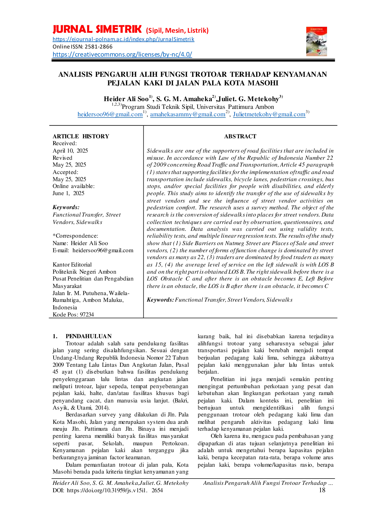 JURIS Analisis Pengaruh Alih Fungsi Trotoar Terhadap Kenyamanan Pejalan Kaki Di Jalan Pala Kota Masohi