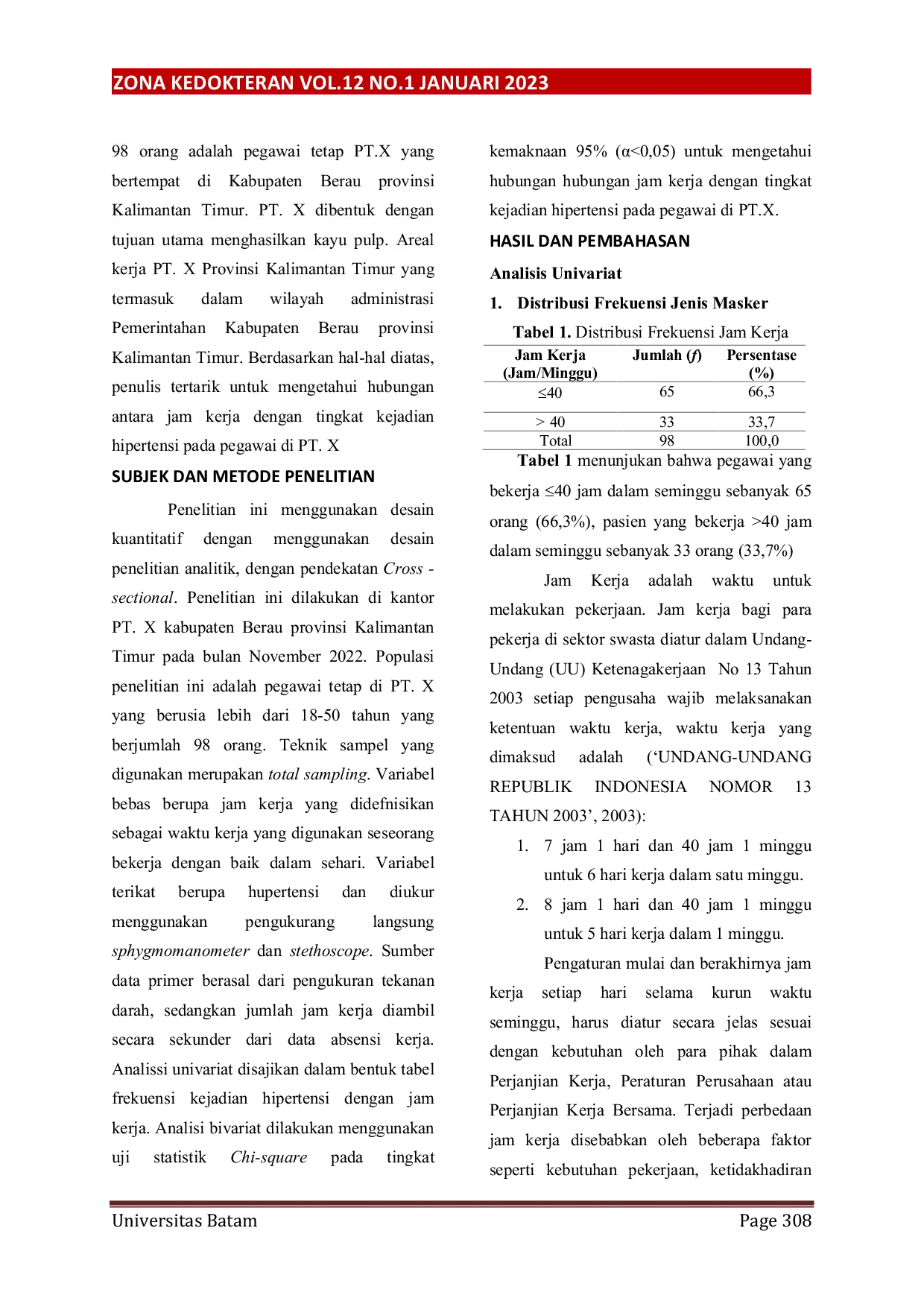 JURIS Hubungan Jam Kerja Dengan Tingkat Kejadian Hipertensi Pada Pegawai Di Pt X Kabupaten Berau Kalimantan Timur