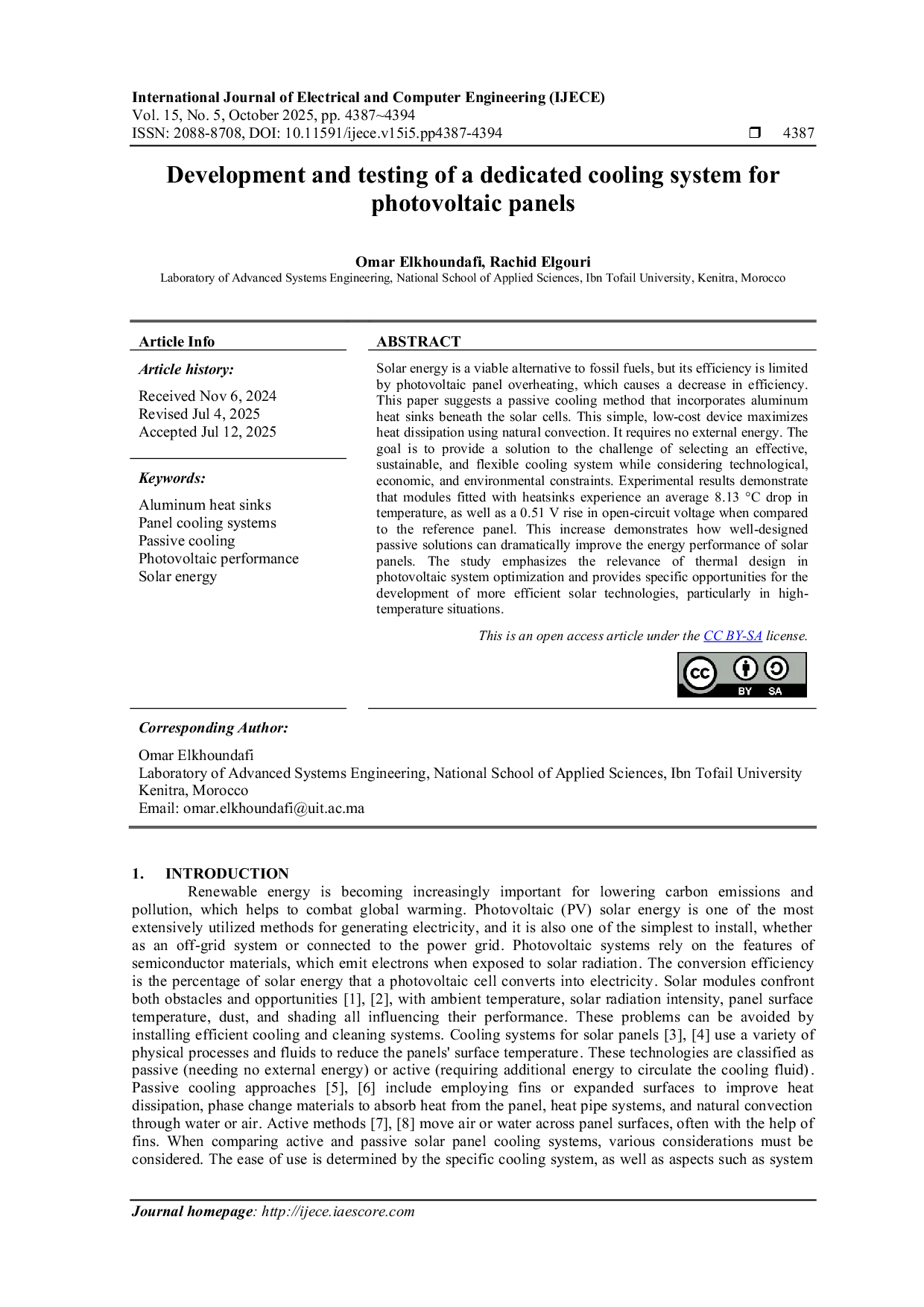 JURIS Development and testing of a dedicated cooling system for photovoltaic panels