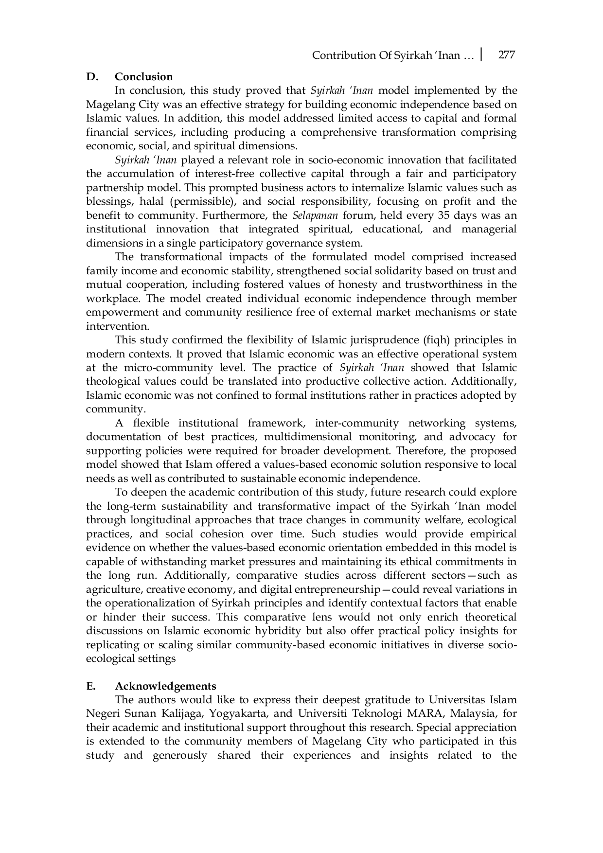 JURIS Contribution of Syirkah Inan Towards the Economic Independence of the Community of Magelang City Central Java