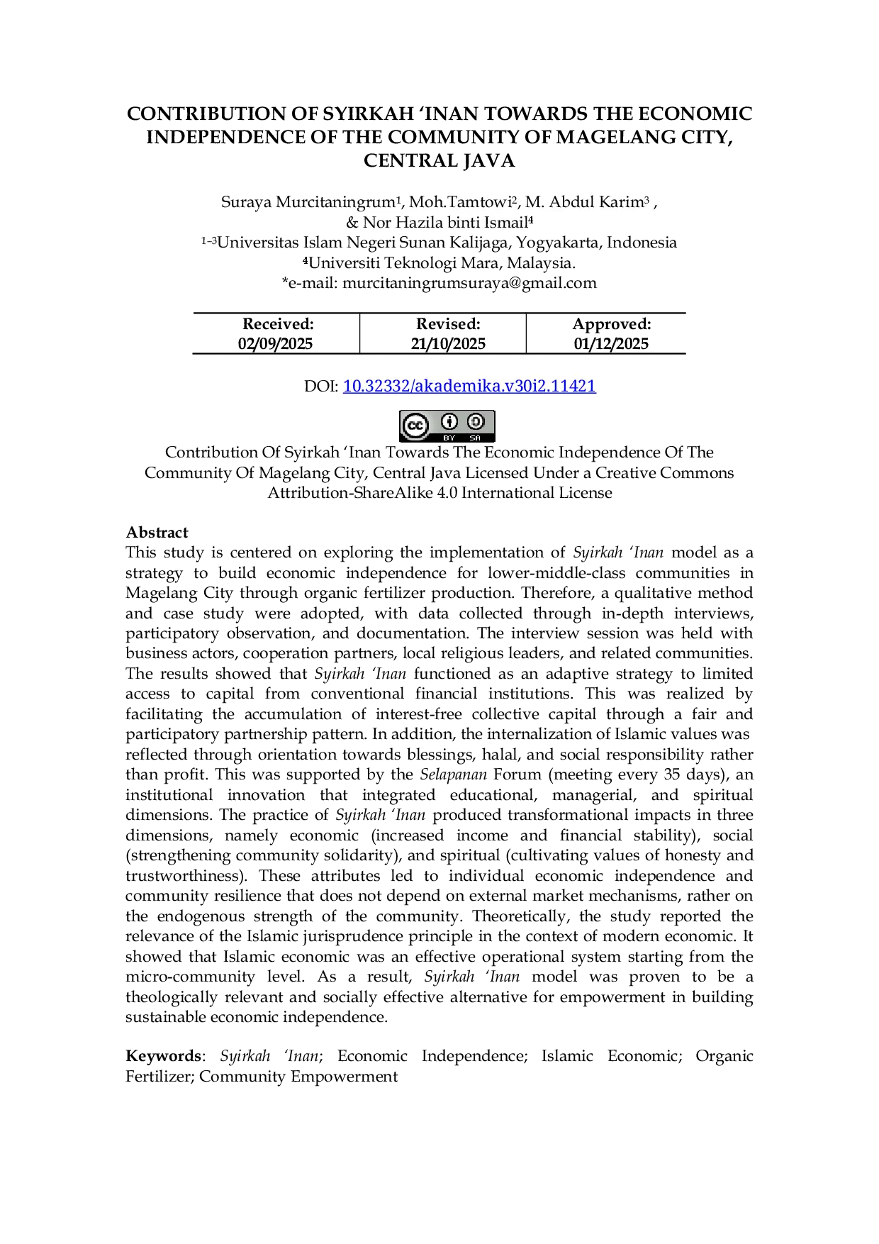 JURIS Contribution of Syirkah Inan Towards the Economic Independence of the Community of Magelang City Central Java
