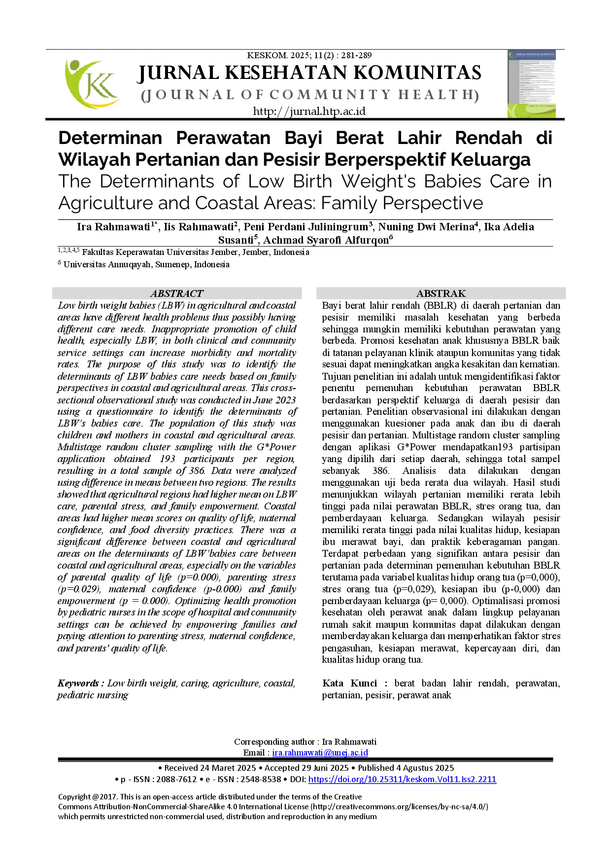 juris Determinan Perawatan Bayi Berat Lahir Rendah di Wilayah Pertanian dan Pesisir Berperspektif Keluarga