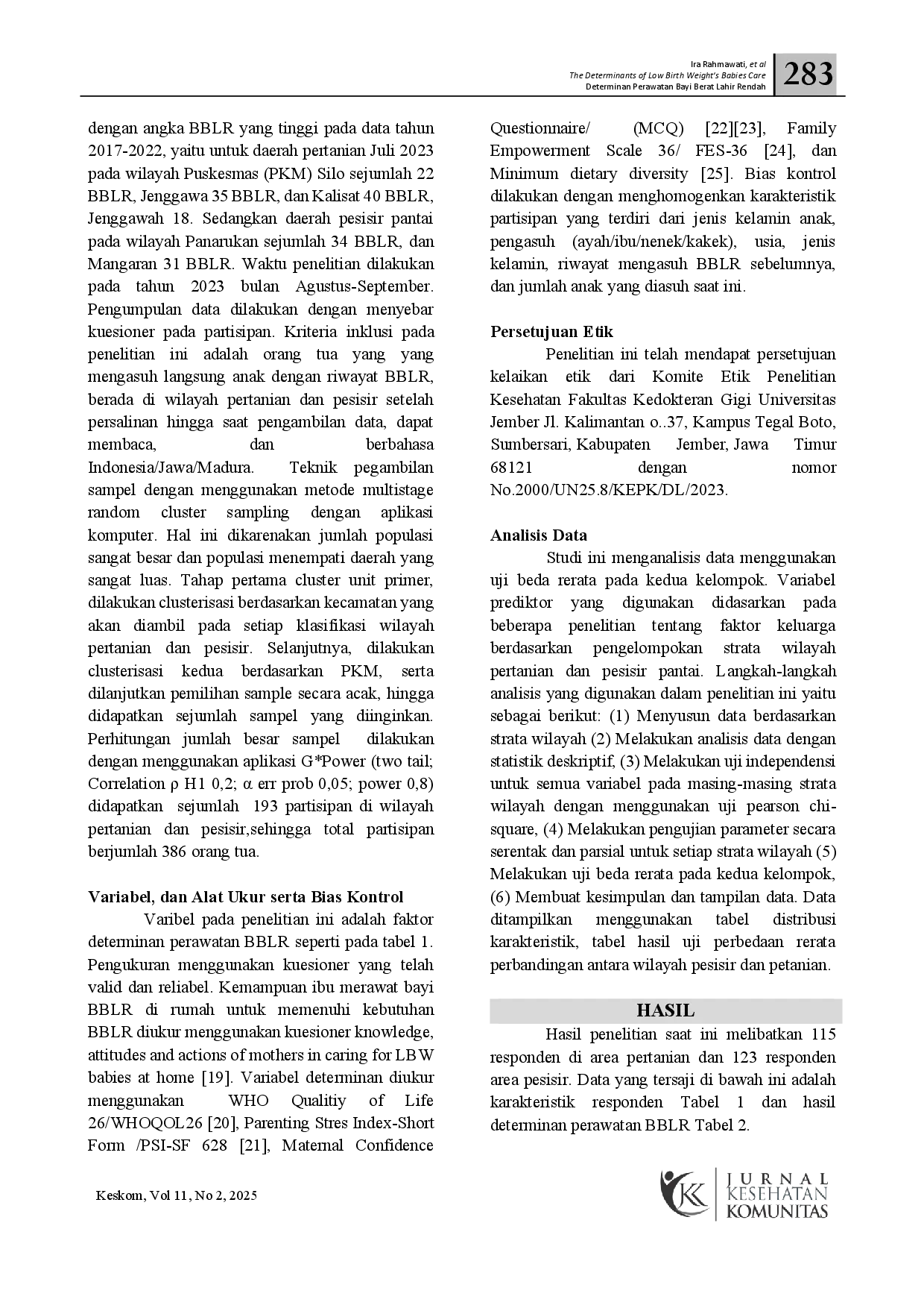 juris Determinan Perawatan Bayi Berat Lahir Rendah di Wilayah Pertanian dan Pesisir Berperspektif Keluarga