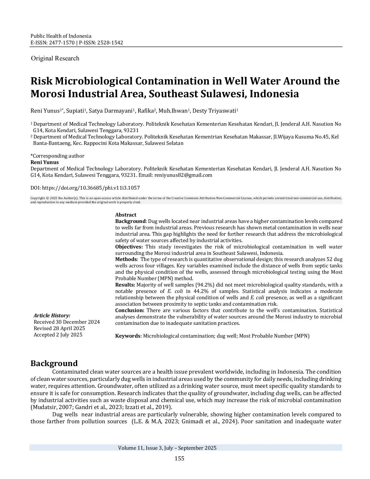JURIS Risk Microbiological Contamination in Well Water Around the Morosi Industrial Area Southeast Sulawesi Indonesia