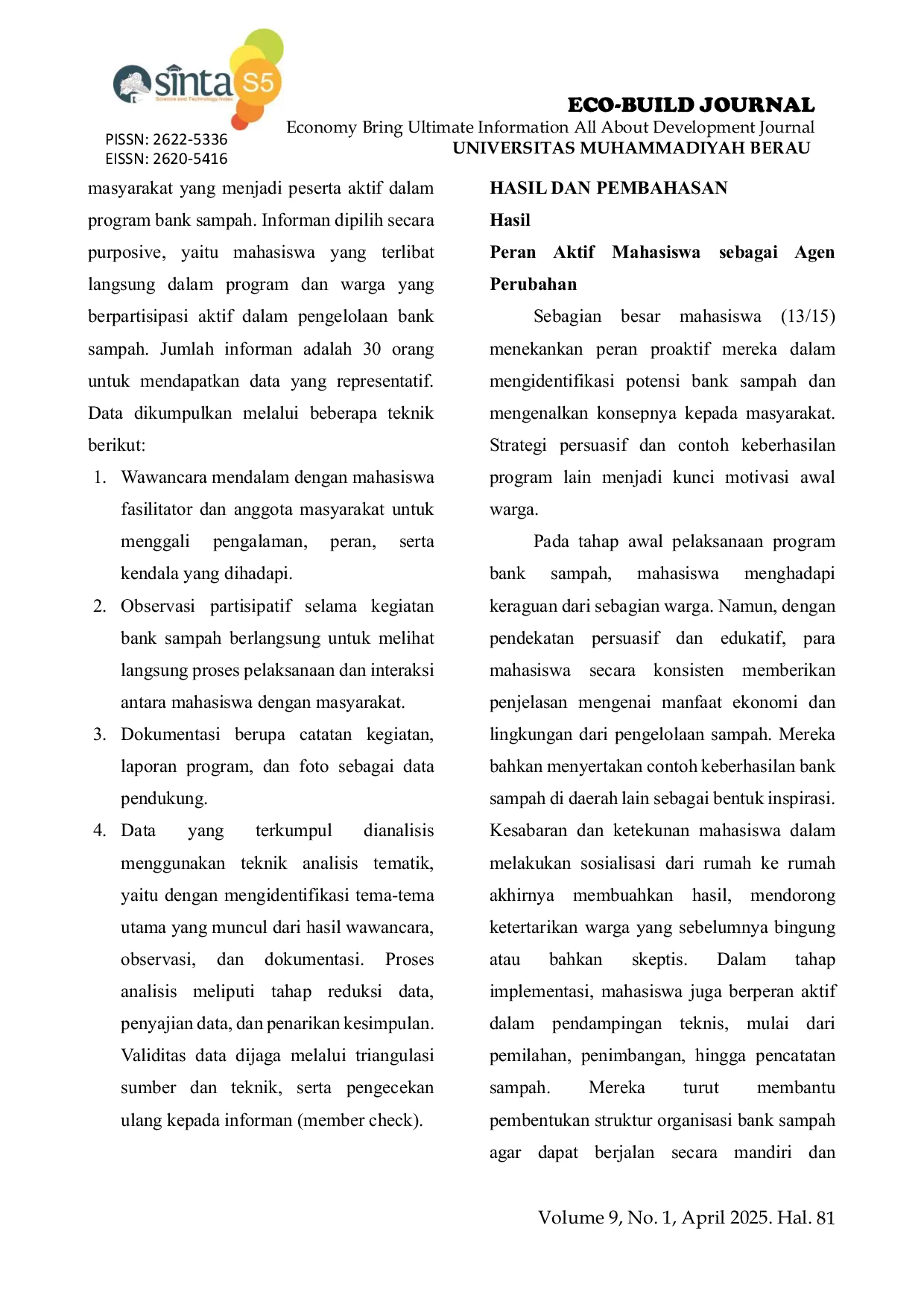 JURIS Pemberdayaan Ekonomi Masyarakat Melalui Bank Sampah Studi Kasus Peran Mahasiswa UM Berau sebagai Fasilitator