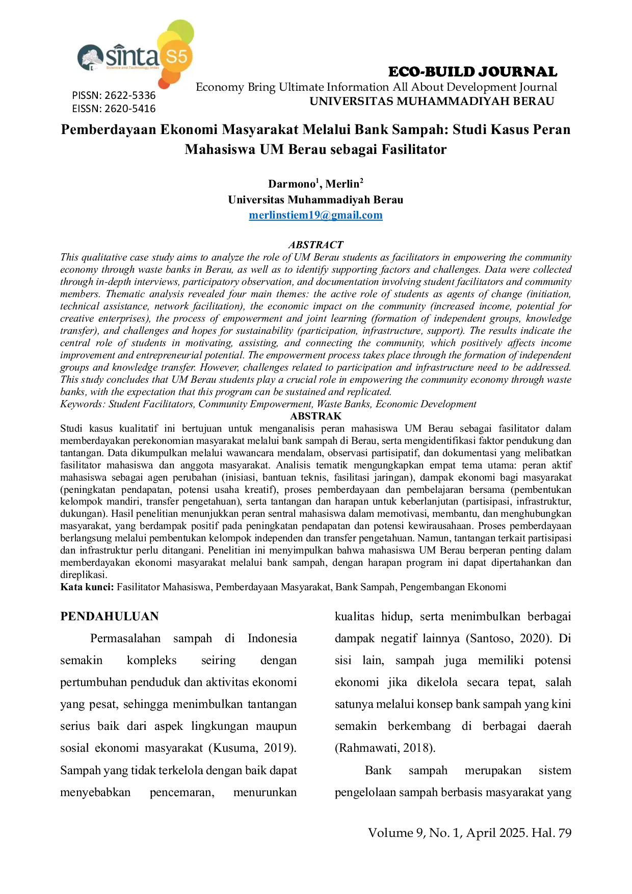 JURIS Pemberdayaan Ekonomi Masyarakat Melalui Bank Sampah Studi Kasus Peran Mahasiswa UM Berau sebagai Fasilitator