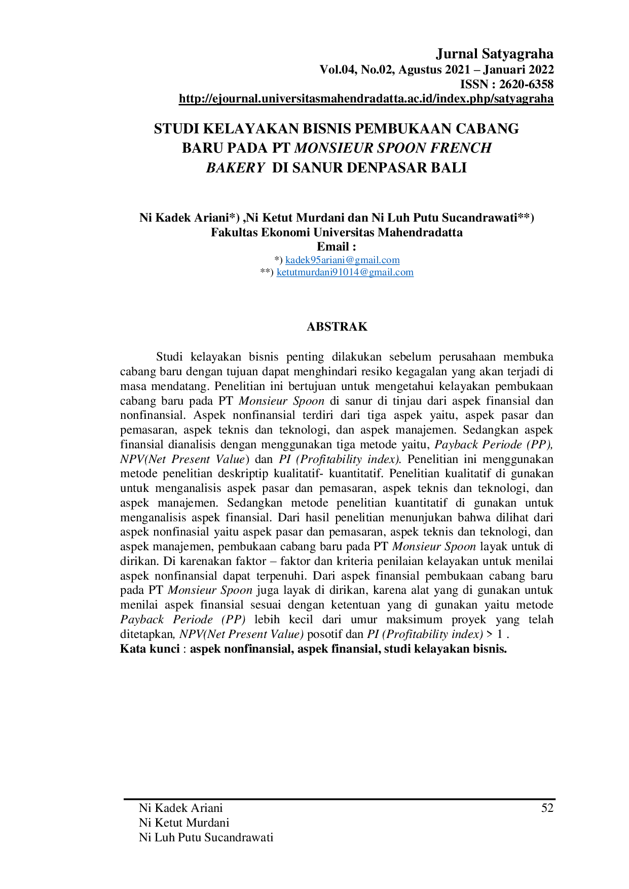 JURIS Studi Kelayakan Bisnis Pembukaan Cabang Baru Pada PT Monsieur Spoon French Bakery Di Sanur Denpasar Bali