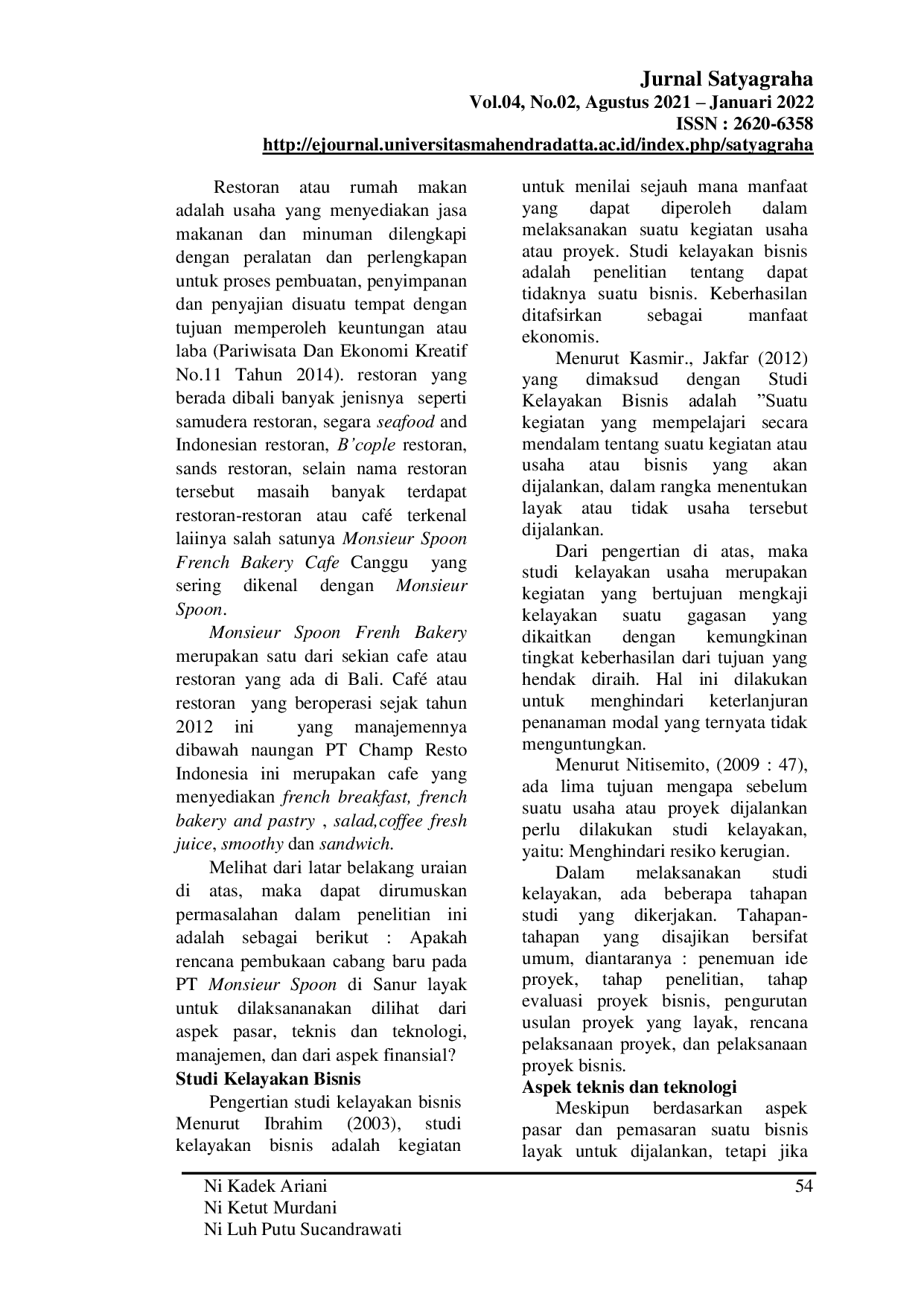 JURIS Studi Kelayakan Bisnis Pembukaan Cabang Baru Pada PT Monsieur Spoon French Bakery Di Sanur Denpasar Bali