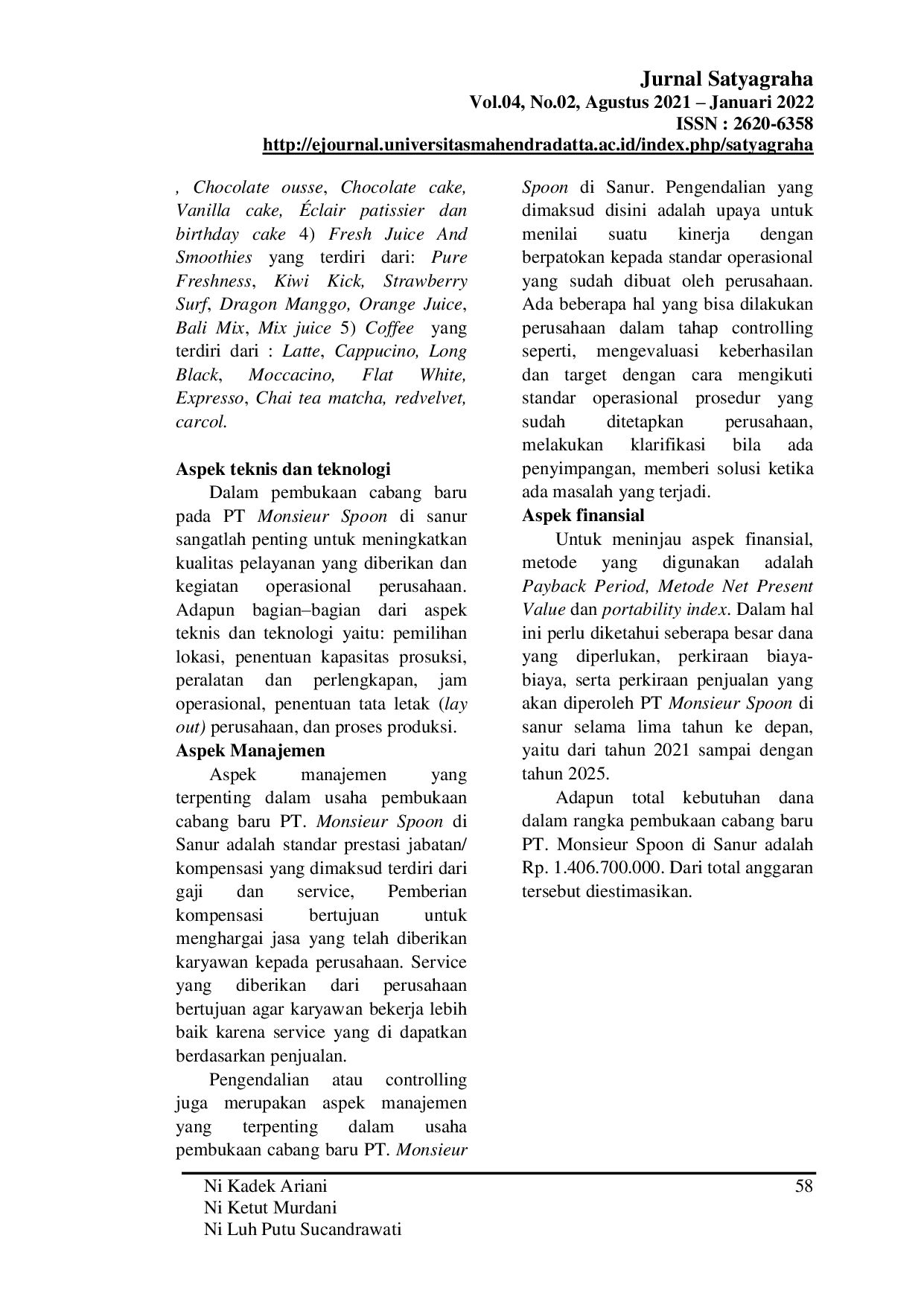 JURIS Studi Kelayakan Bisnis Pembukaan Cabang Baru Pada PT Monsieur Spoon French Bakery Di Sanur Denpasar Bali