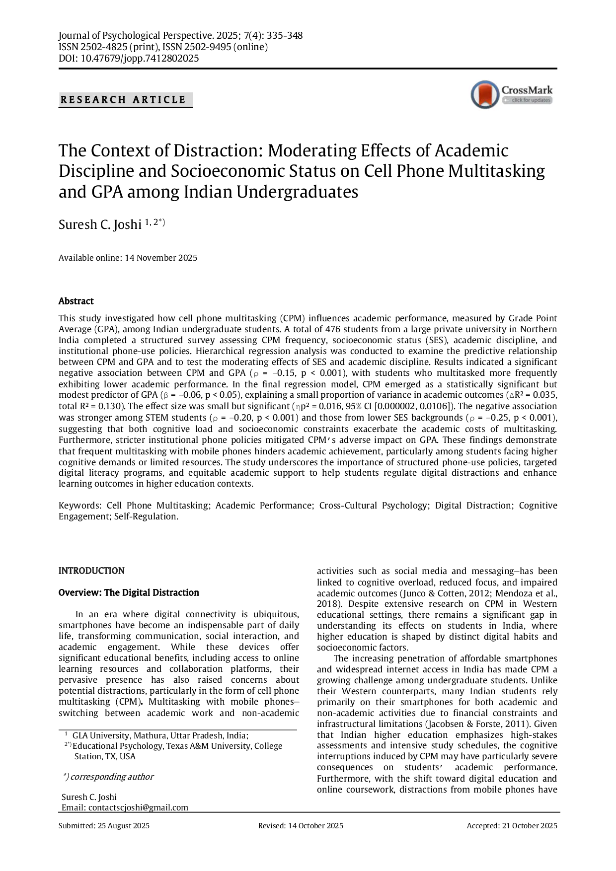 JURIS The Context of Distraction Moderating Effects of Academic Discipline and Socioeconomic Status on Cell Phone Multitasking and GPA among Indian Undergraduates