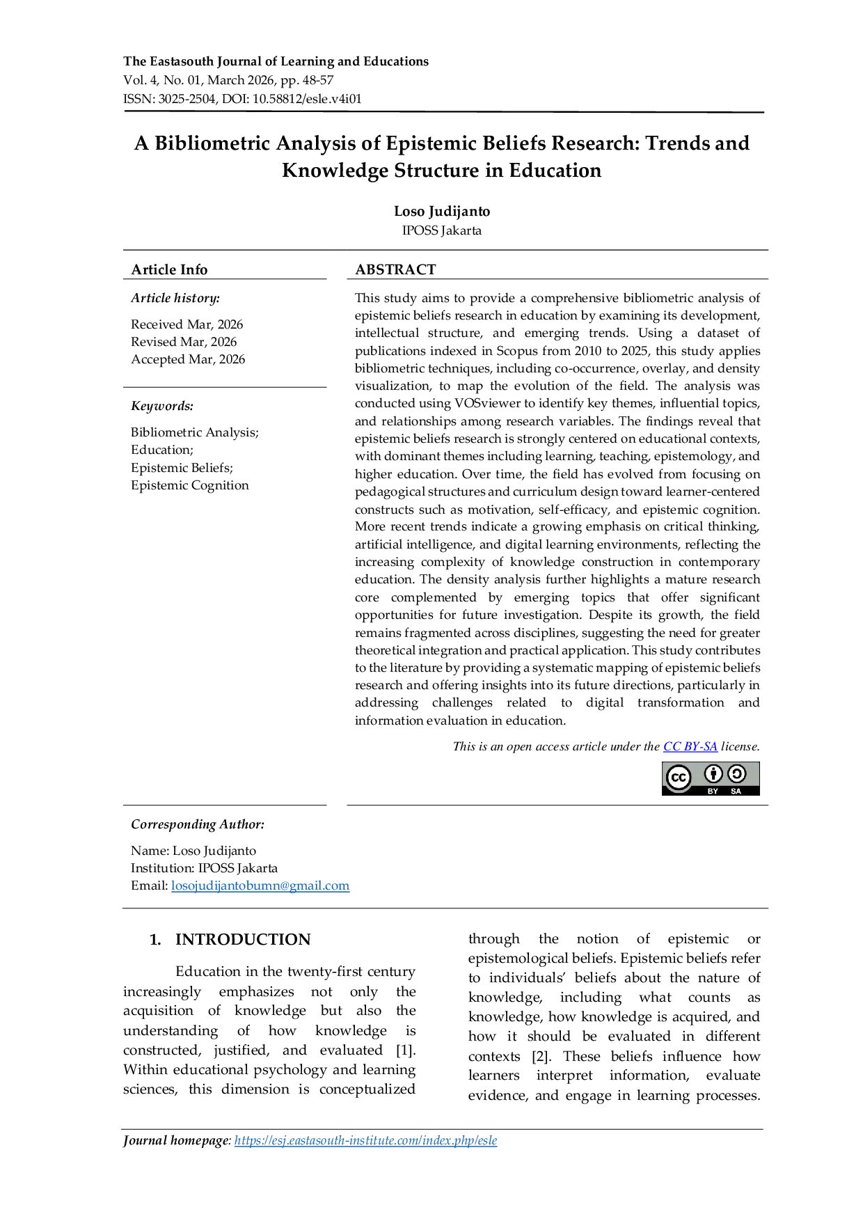 JURIS A Bibliometric Analysis of Epistemic Beliefs Research Trends and Knowledge Structure in Education