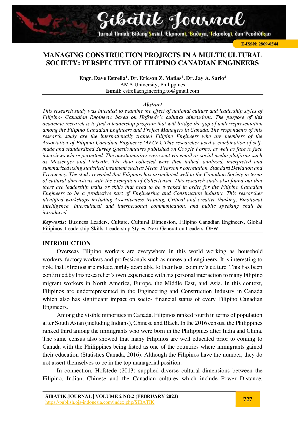 juris Managing Construction Projects in a Multicultural Society Perspective of Filipino Canadian Engineers