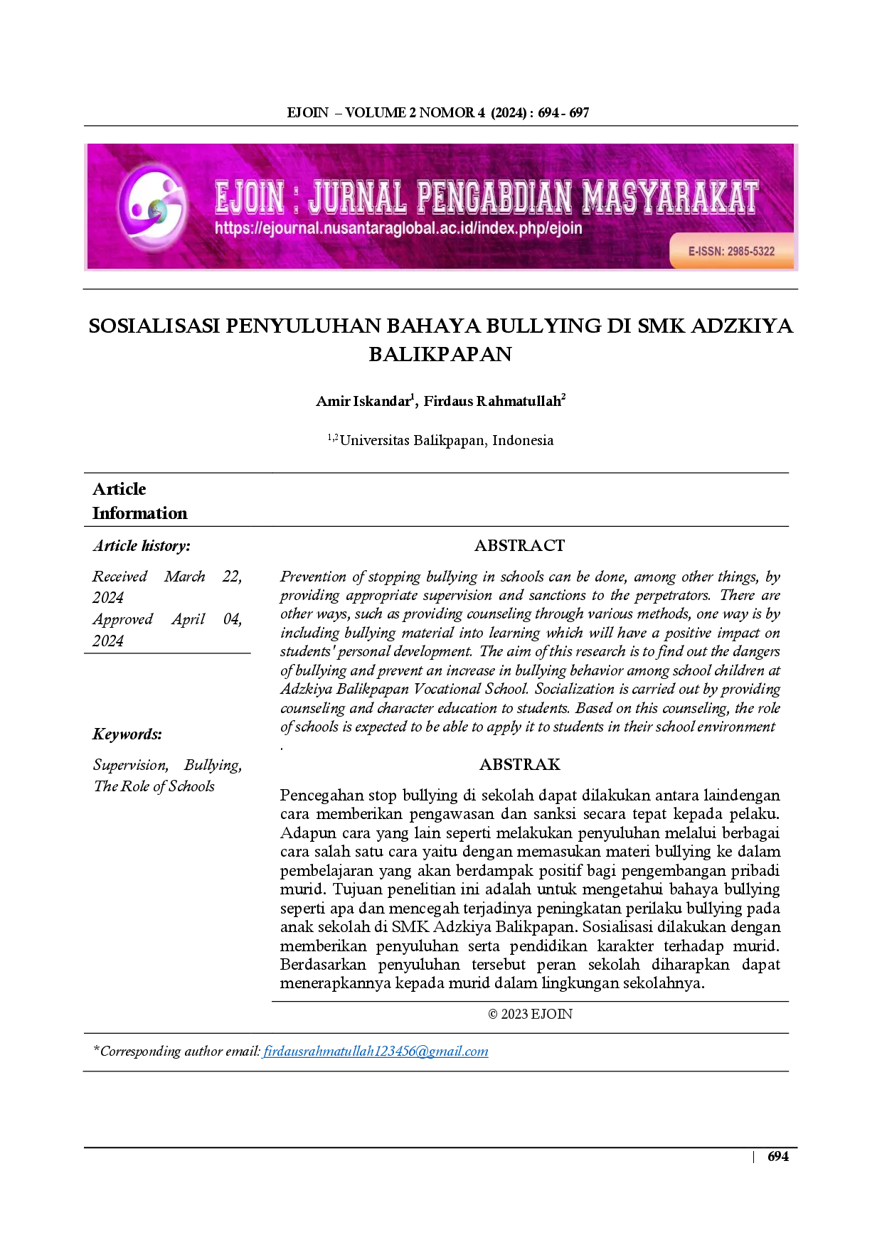 juris Sosialisasi Penyuluhan Bahaya Bullying Di Smk Adzkiya Balikpapan