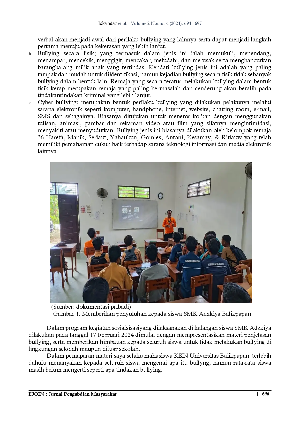 juris Sosialisasi Penyuluhan Bahaya Bullying Di Smk Adzkiya Balikpapan