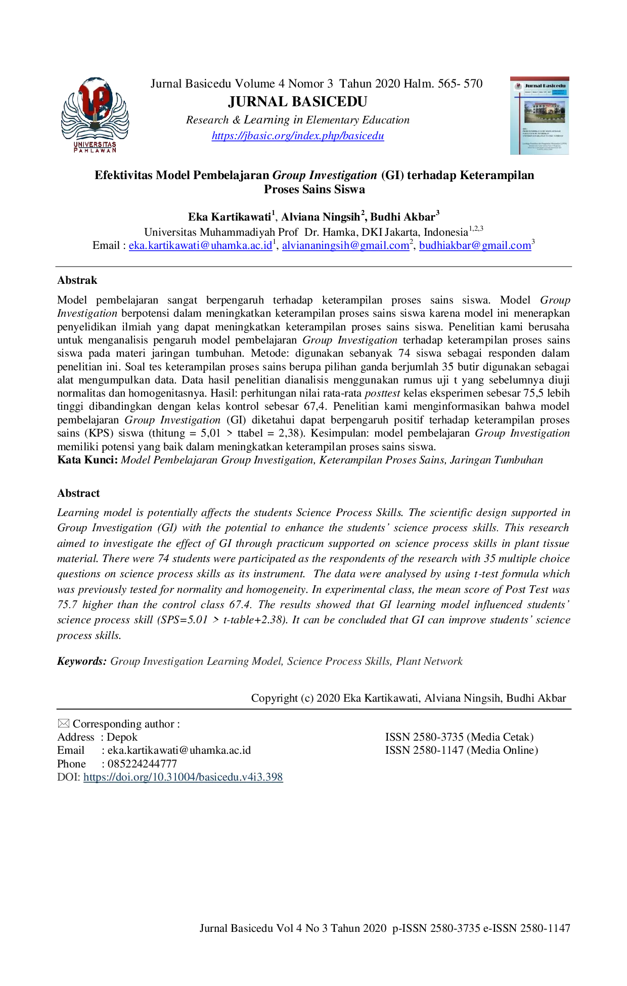 JURIS Efektivitas Model Pembelajaran Group Investigation GI terhadap Keterampilan Proses Sains Siswa