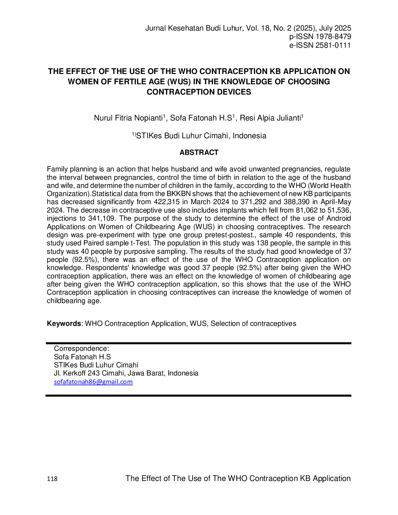 JURIS The The Effect of The Use of The Who Contraception KB Application on Women of Fertile Age WUS in The Knowledge of Choosing Contraception Devices