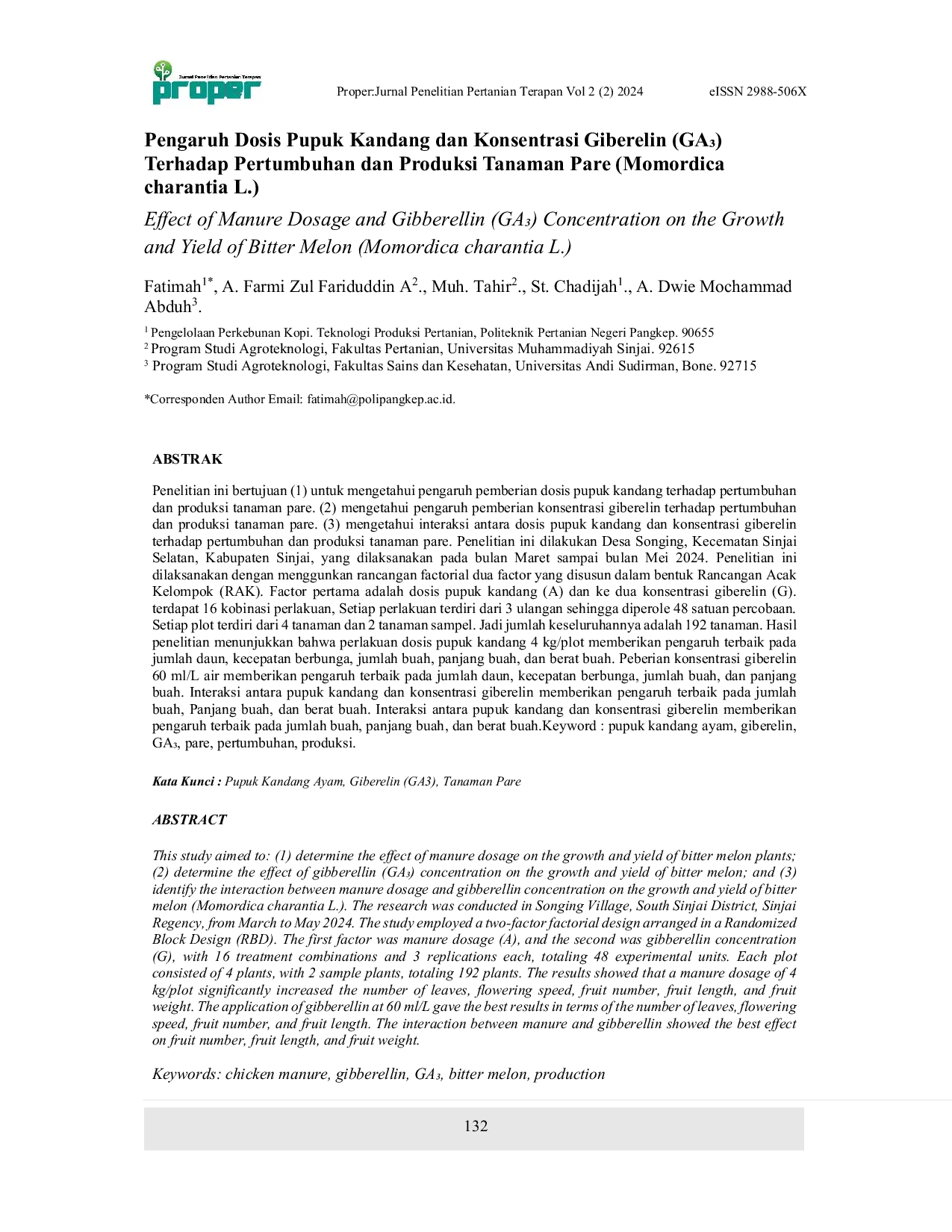 JURIS Effect of Manure Dosage and Gibberellin GACE Concentration on the Growth and Yield of Bitter Melon Momordica charantia L
