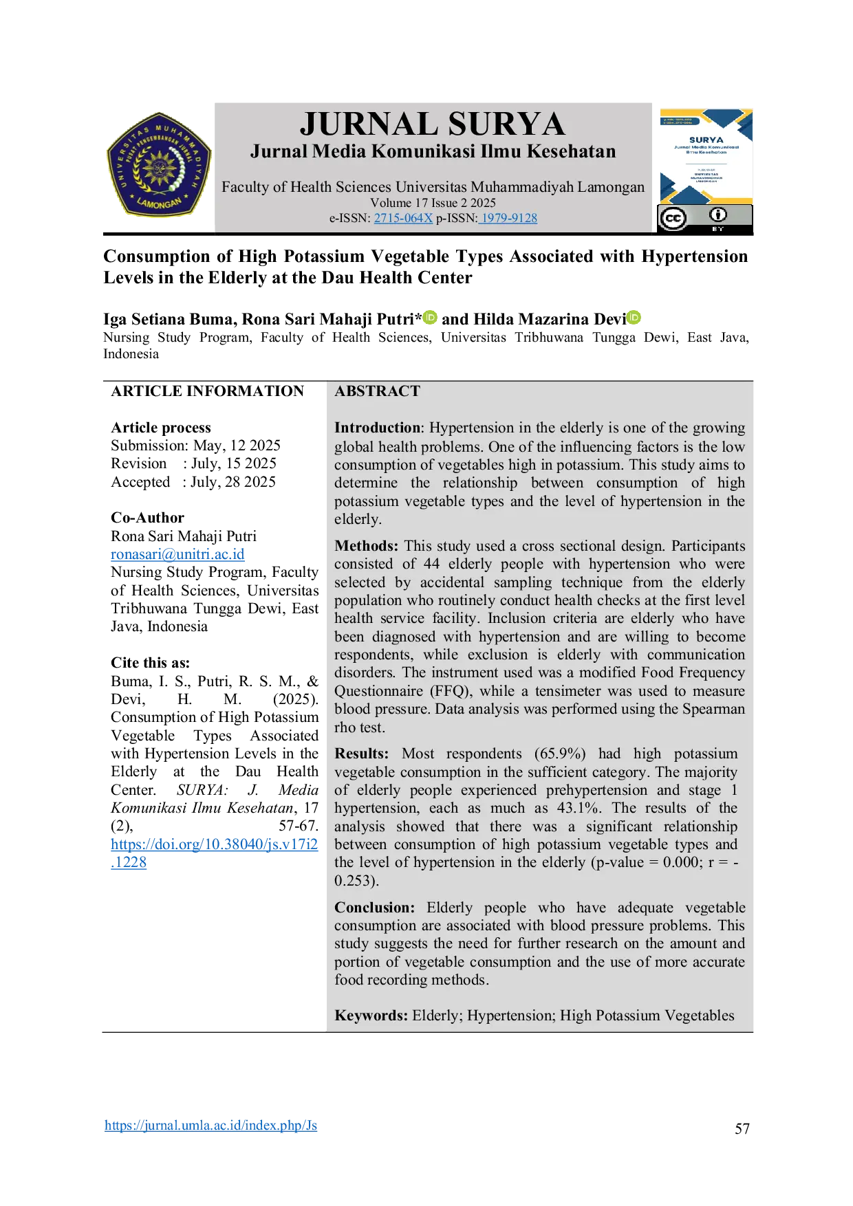 JURIS Consumption of High Potassium Vegetable Types Associated with Hypertension Levels in the Elderly at the Dau Health Center