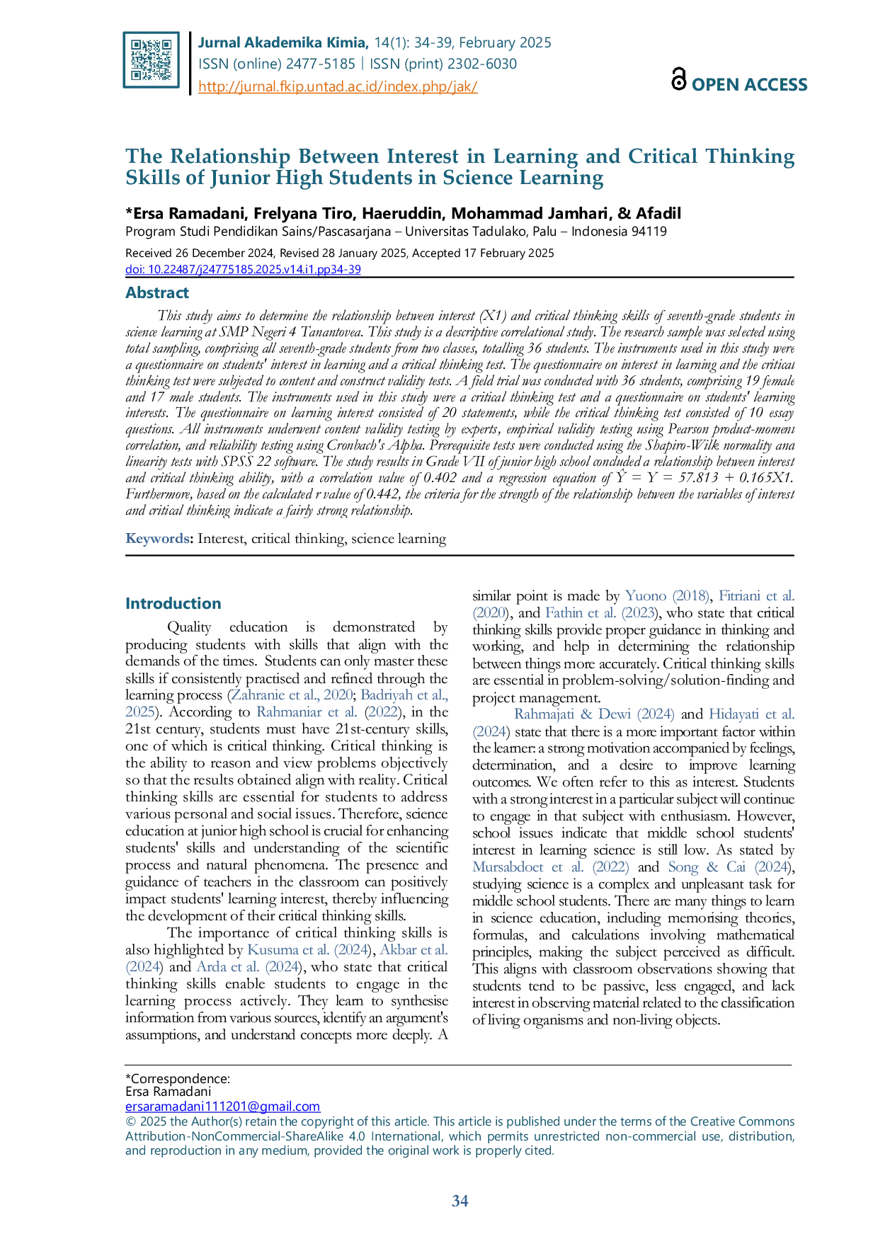 JURIS The Relationship Between Interest In Learning And Critical Thinking Skills Of Junior High Students In Science Learning
