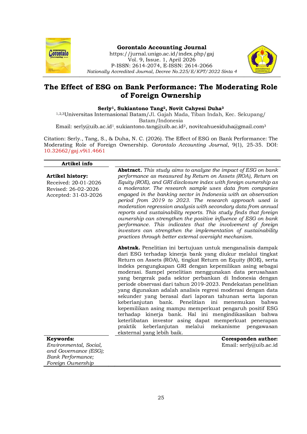 JURIS The Effect of ESG on Bank Performance The Moderating Role of Foreign Ownership